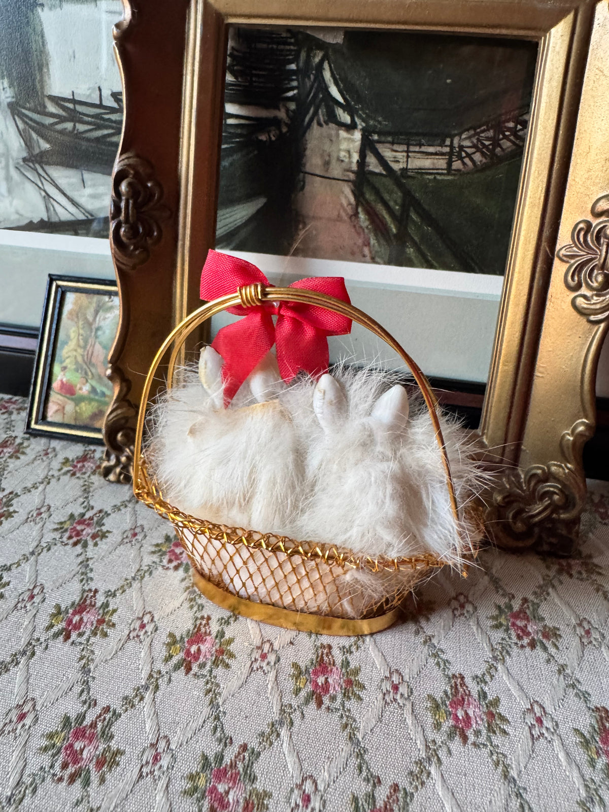 Vintage Japan miniature dogs in basket doll pomeranian puppies