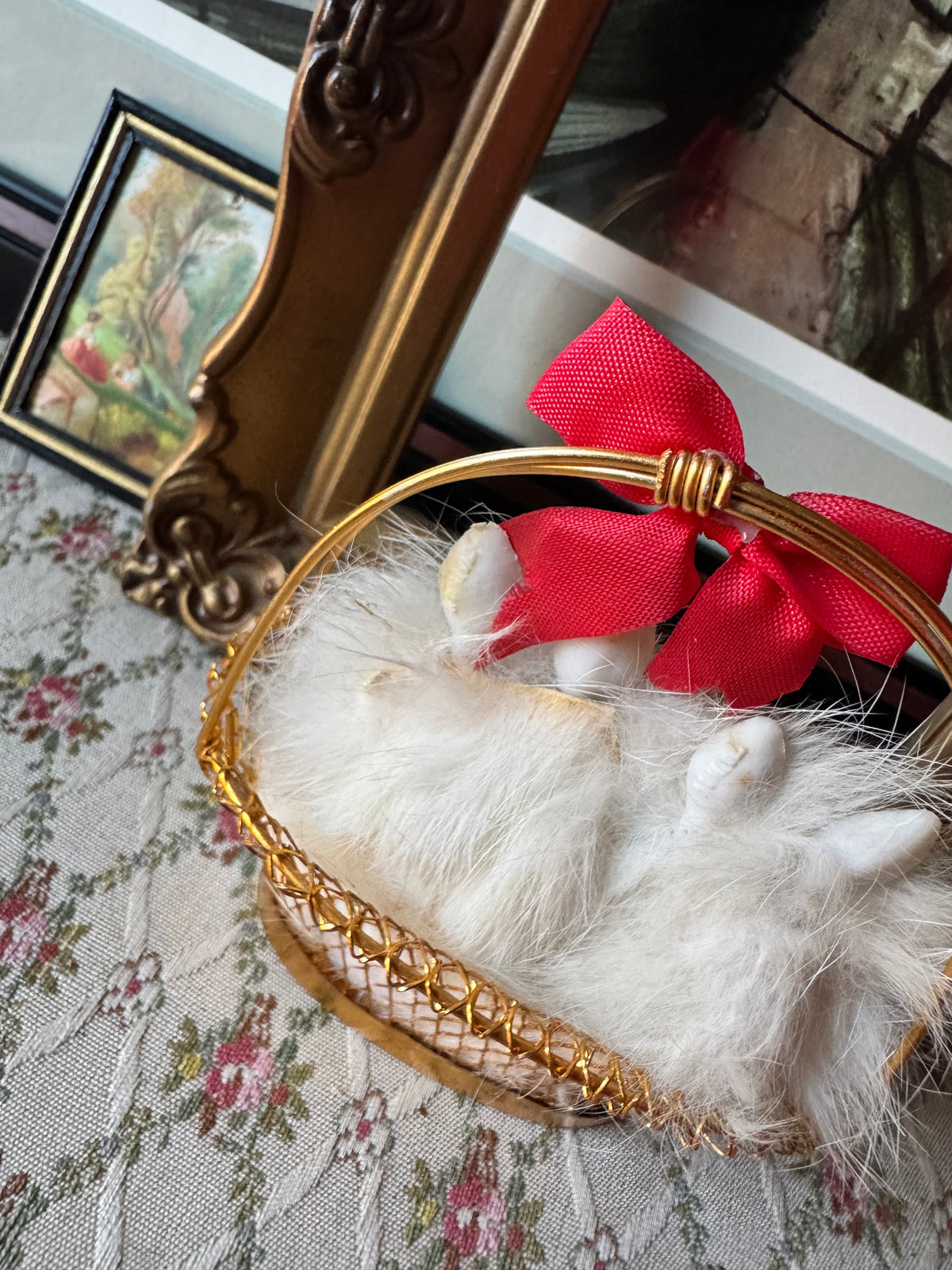 Vintage Japan miniature dogs in basket doll pomeranian puppies