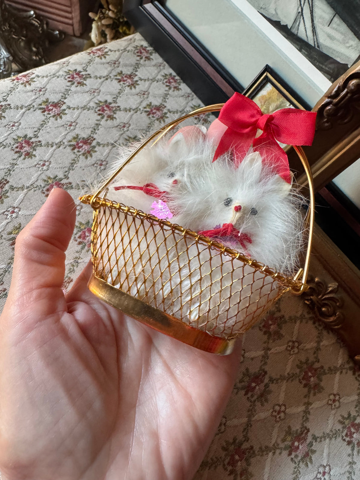 Vintage Japan miniature dogs in basket doll pomeranian puppies