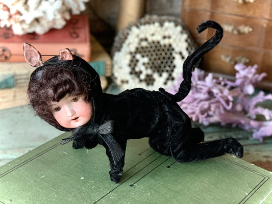 Vintage artist candy container style doll black cat porcelain head