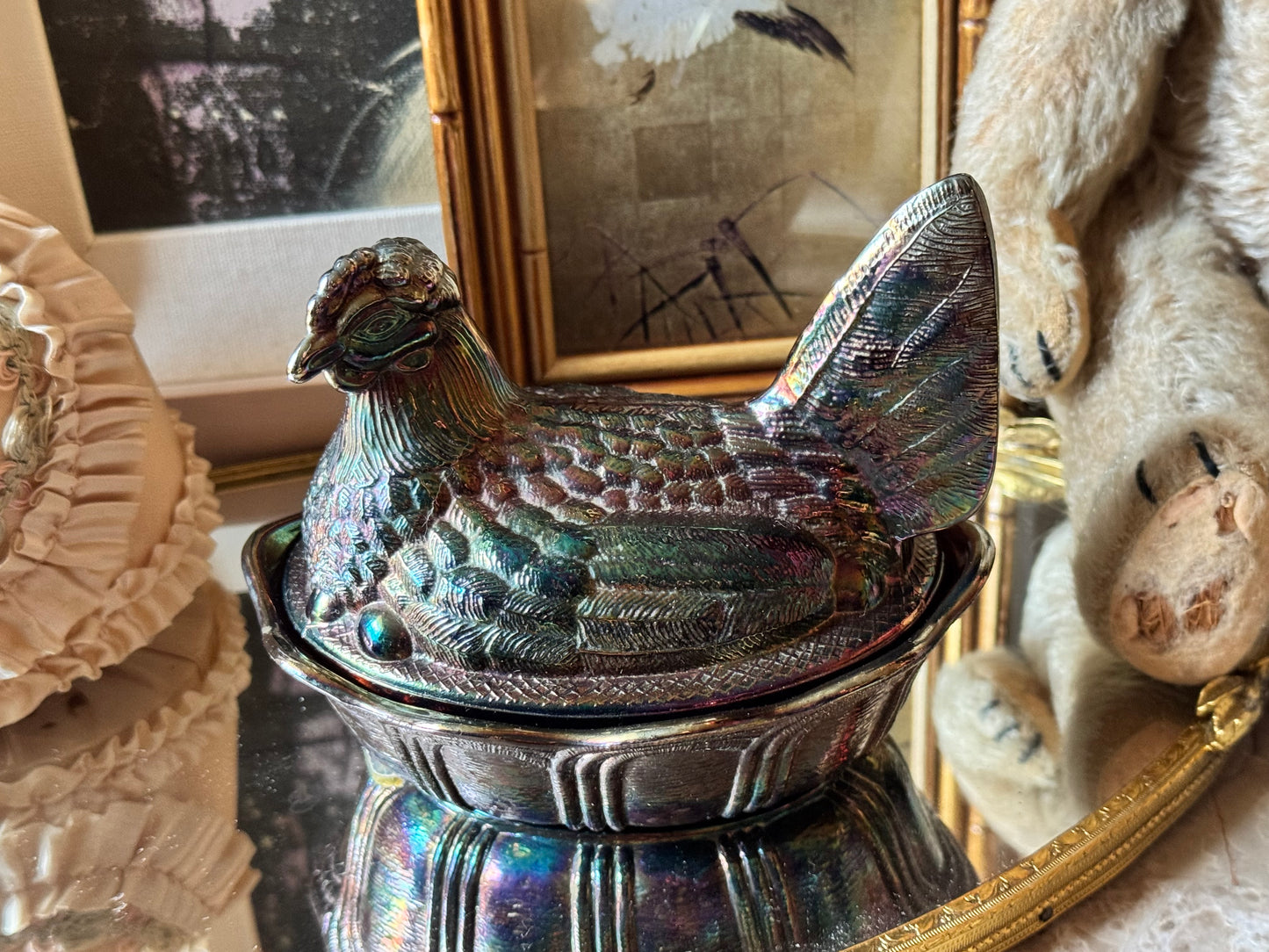 Vintage Fenton Glass Hen on Nest dish