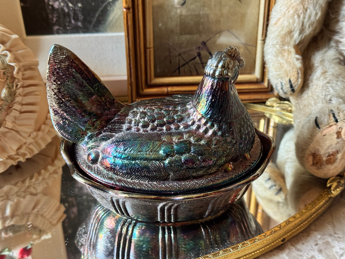 Vintage Fenton Glass Hen on Nest dish