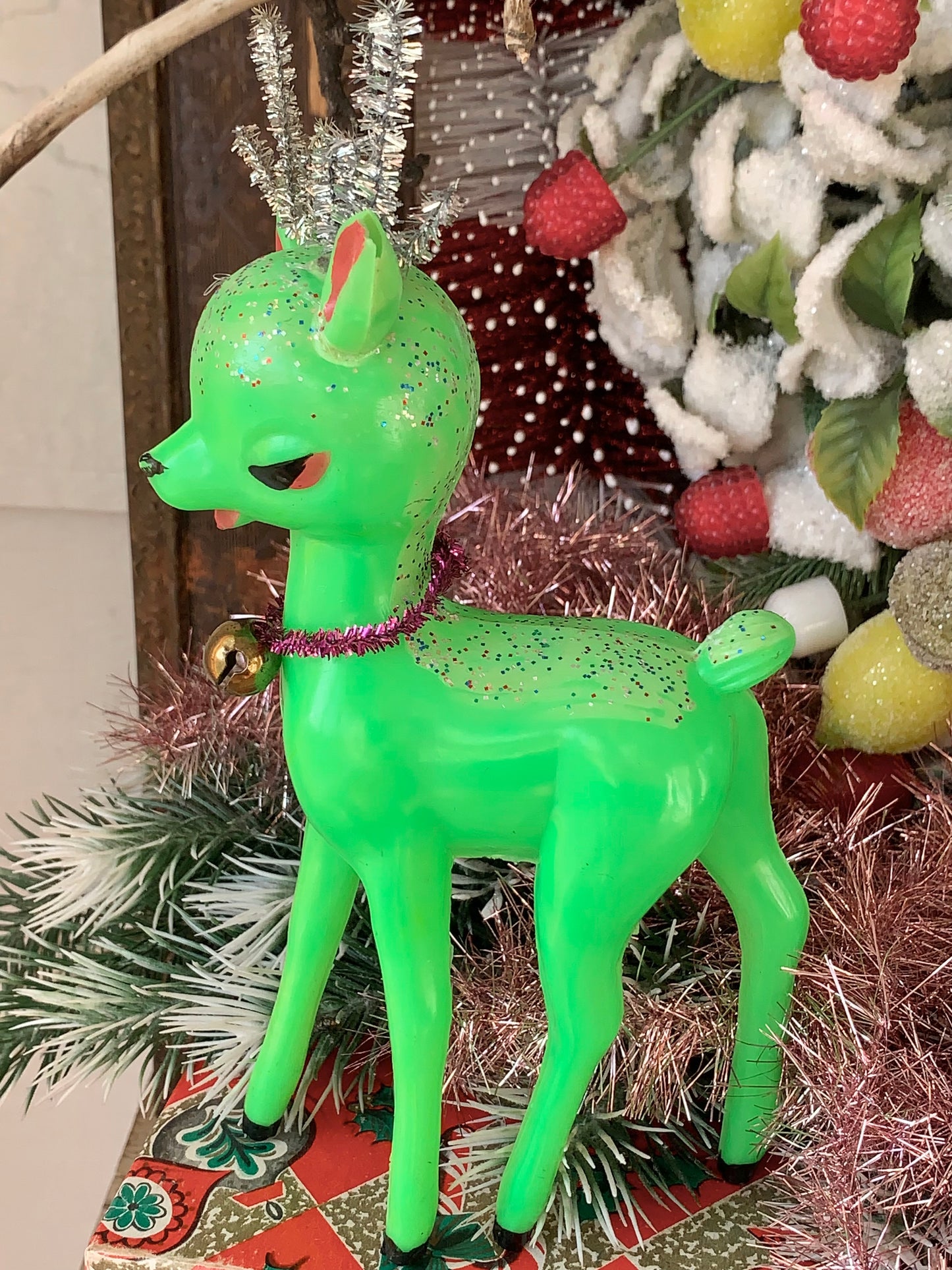 Vintage green plastic Christmas reindeer