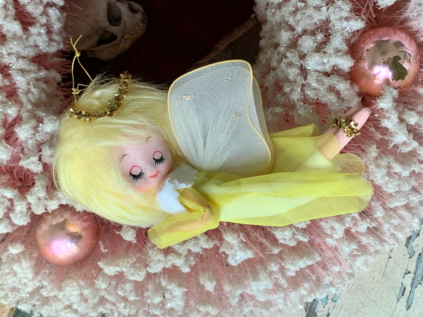 Vintage Forsum yellow angel ornament blond pixie fairy