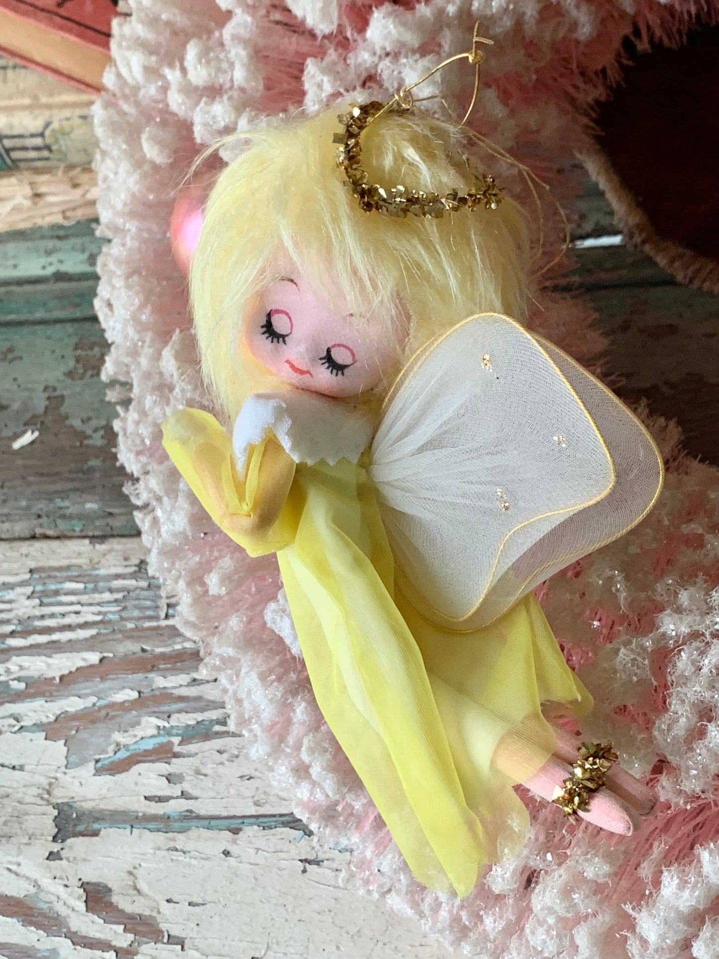 Vintage Forsum yellow angel ornament blond pixie fairy