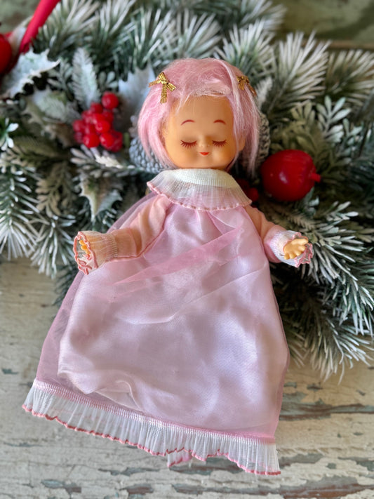 Vintage pink hair Christmas angel ornament