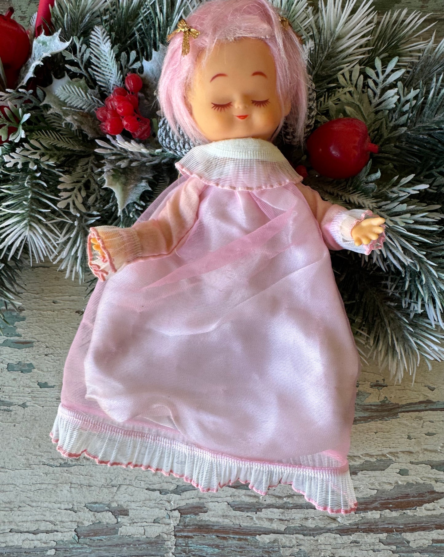 Vintage pink hair Christmas angel ornament