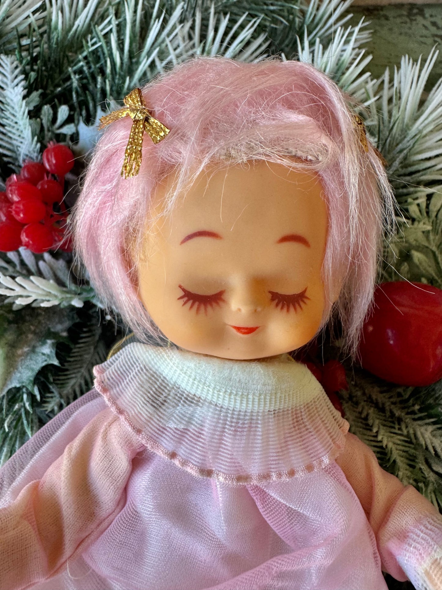 Vintage pink hair Christmas angel ornament