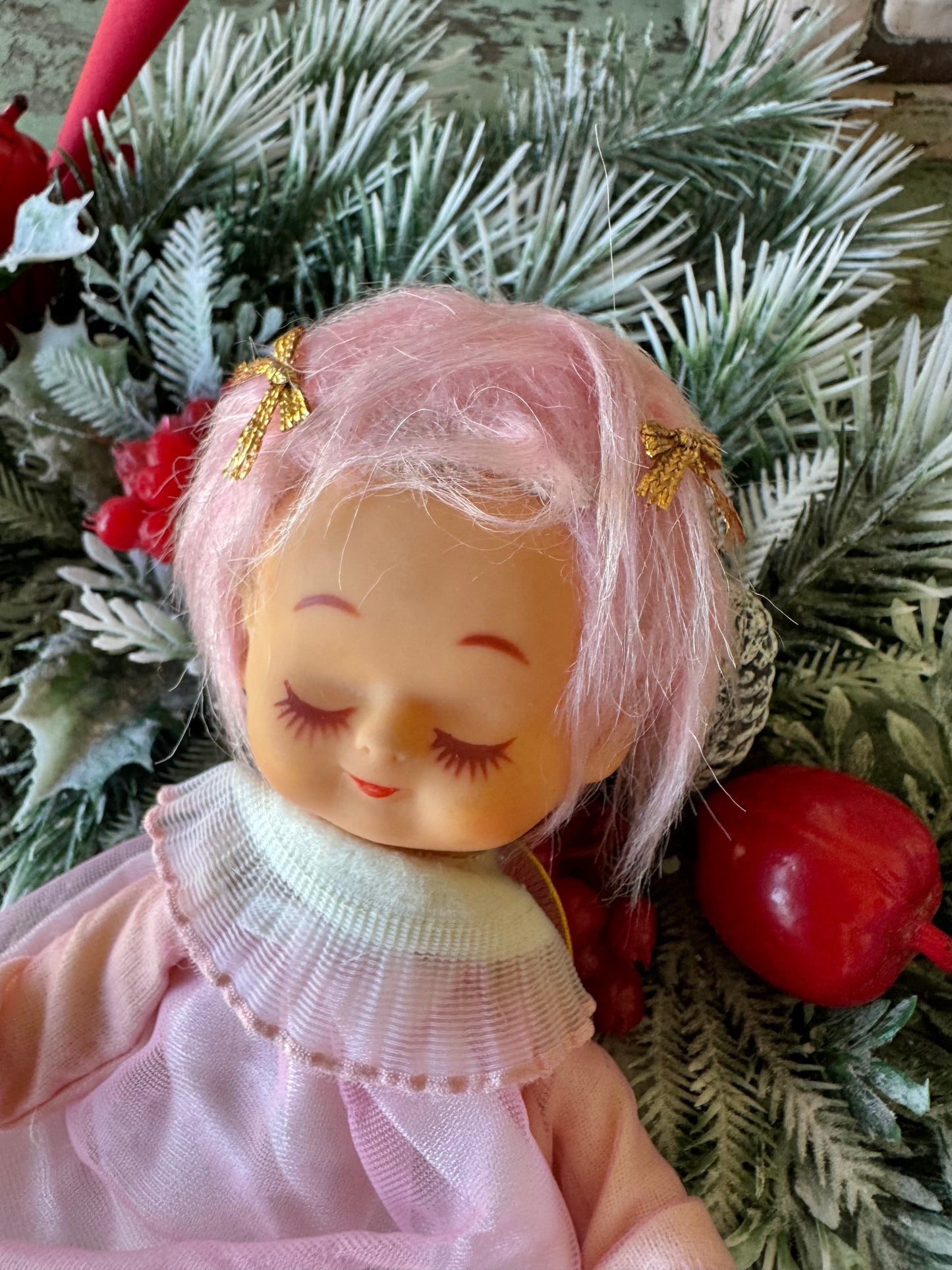 Vintage pink hair Christmas angel ornament