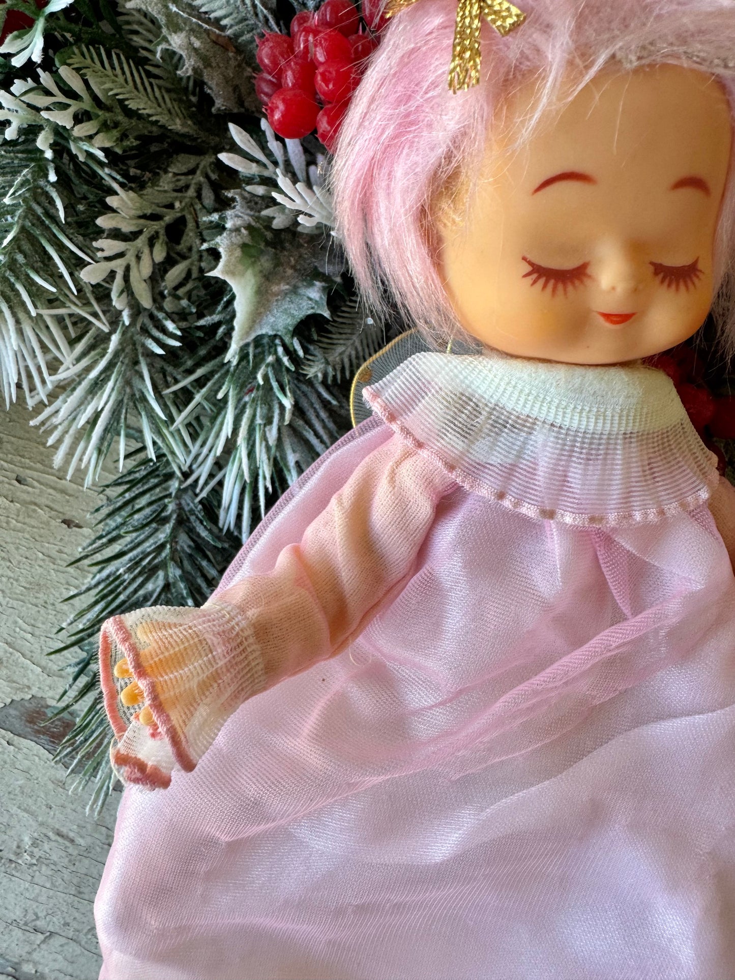 Vintage pink hair Christmas angel ornament