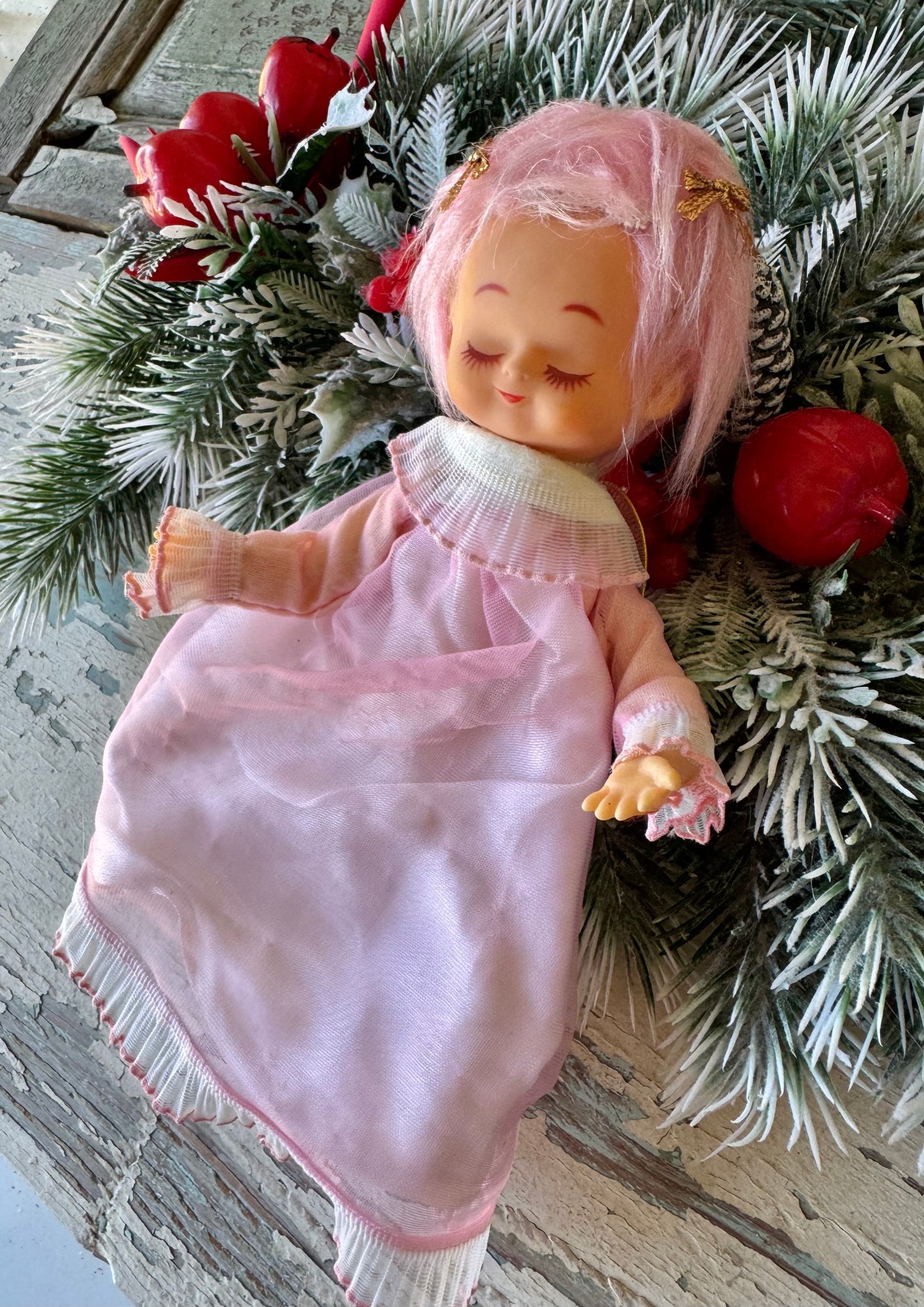 Vintage pink hair Christmas angel ornament