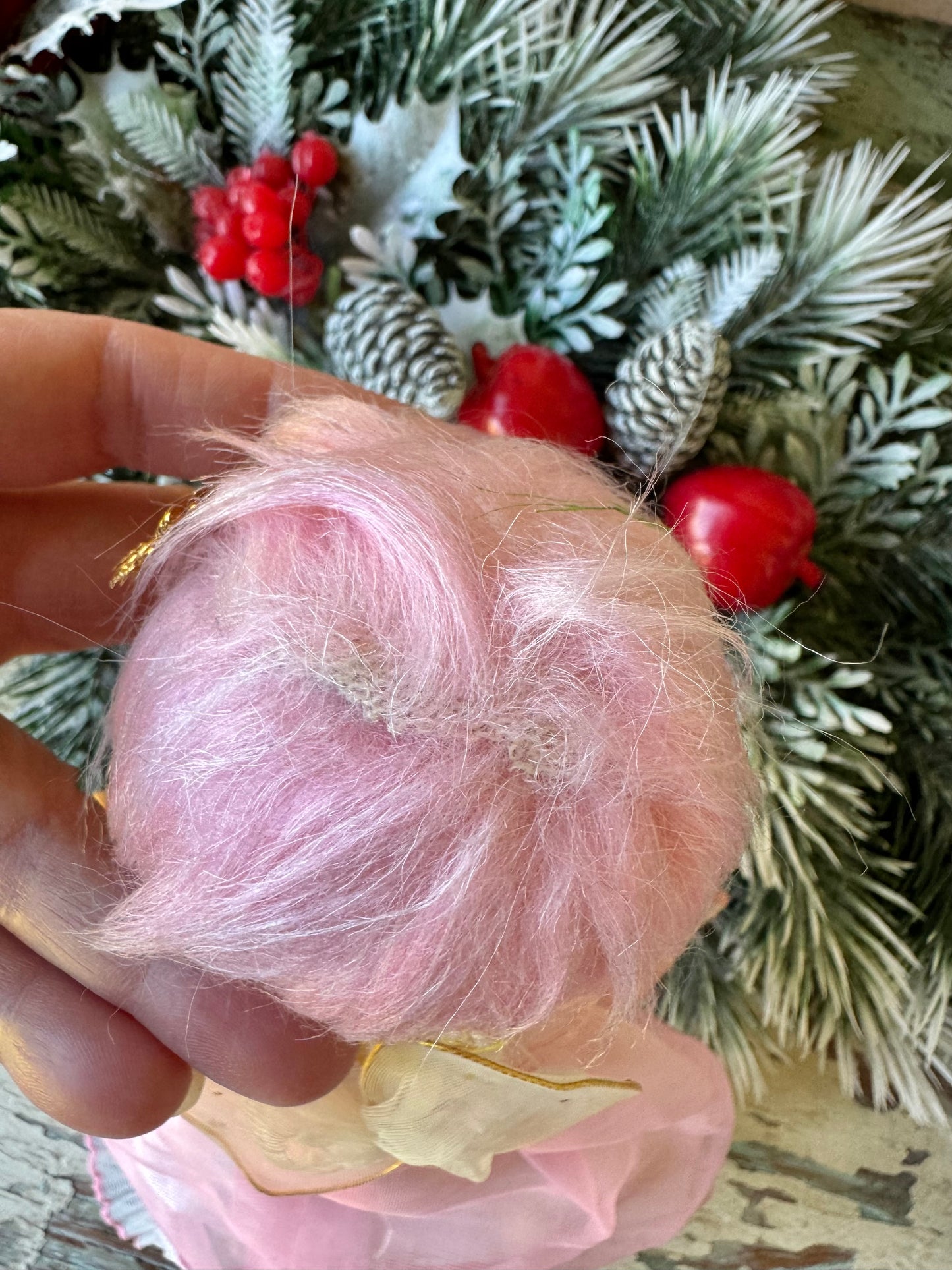 Vintage pink hair Christmas angel ornament