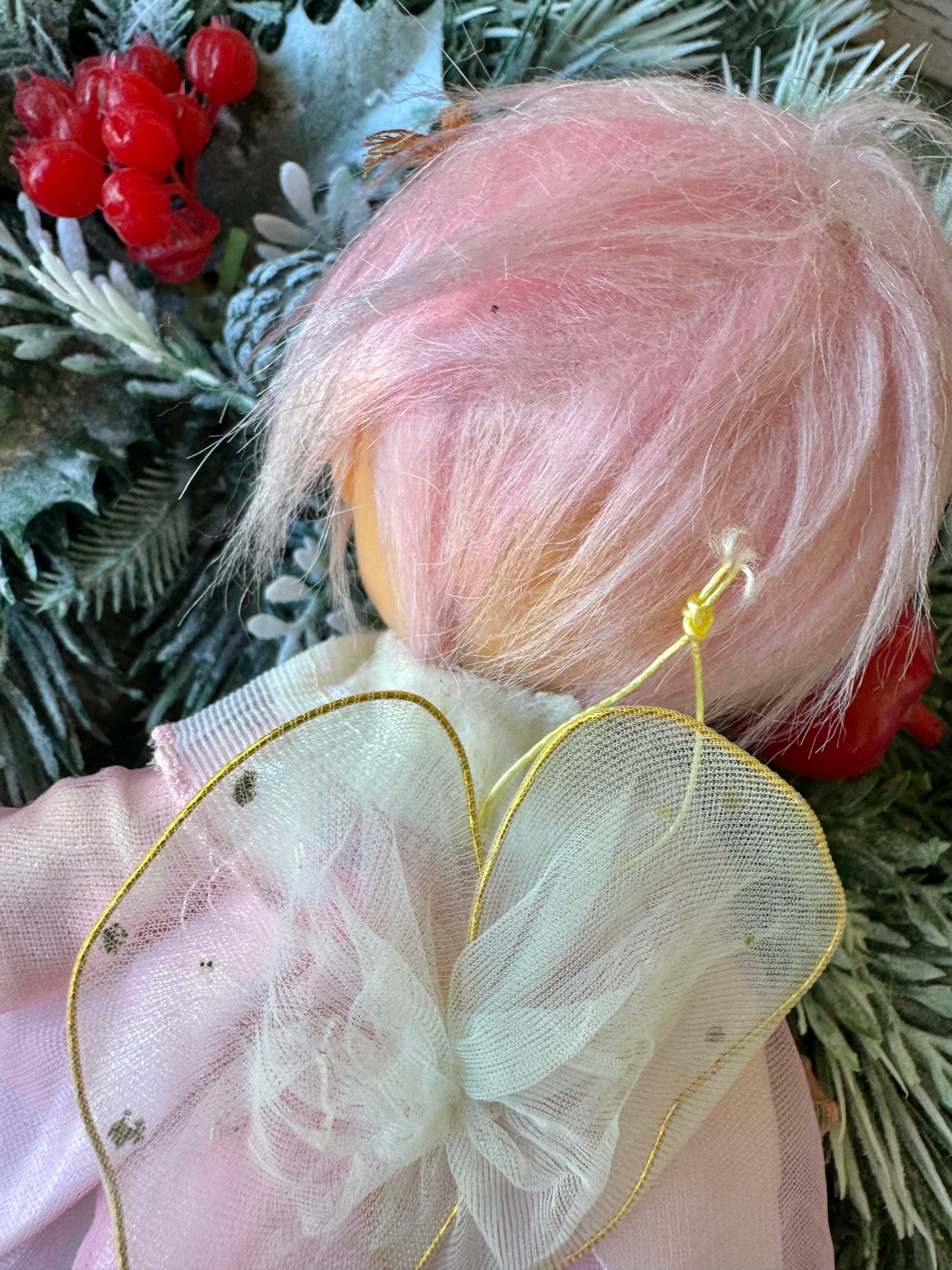 Vintage pink hair Christmas angel ornament