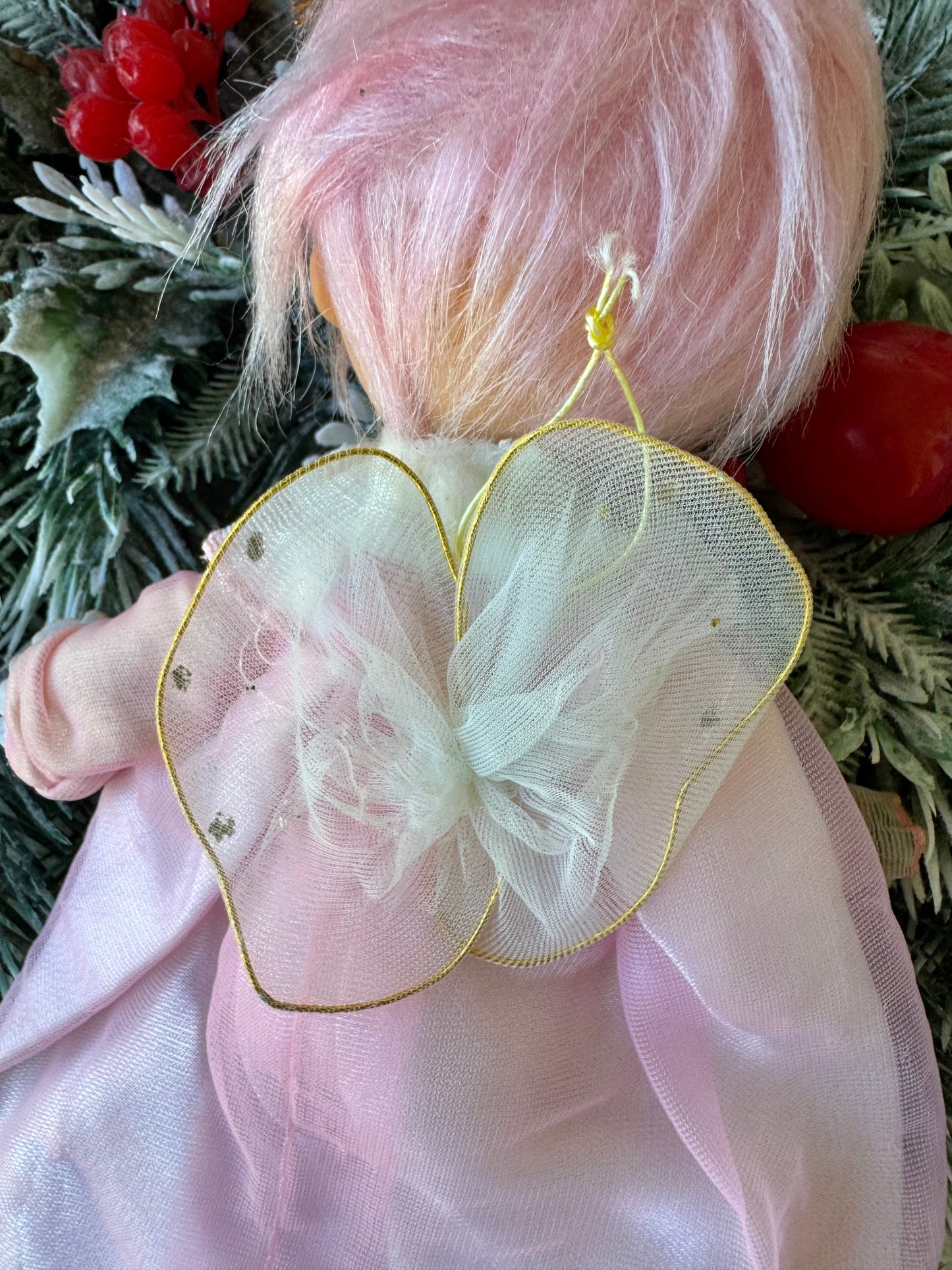 Vintage pink hair Christmas angel ornament