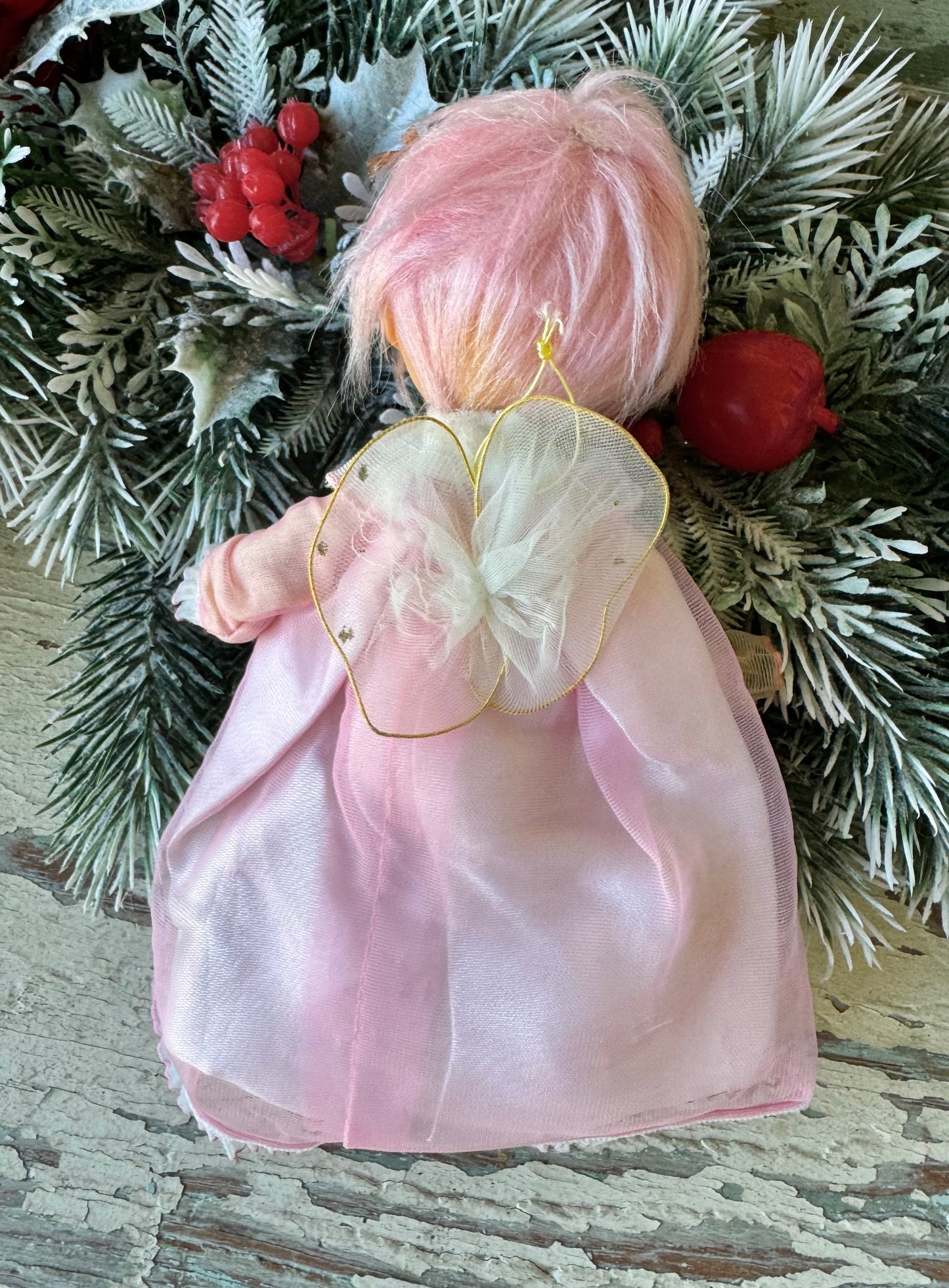 Vintage pink hair Christmas angel ornament