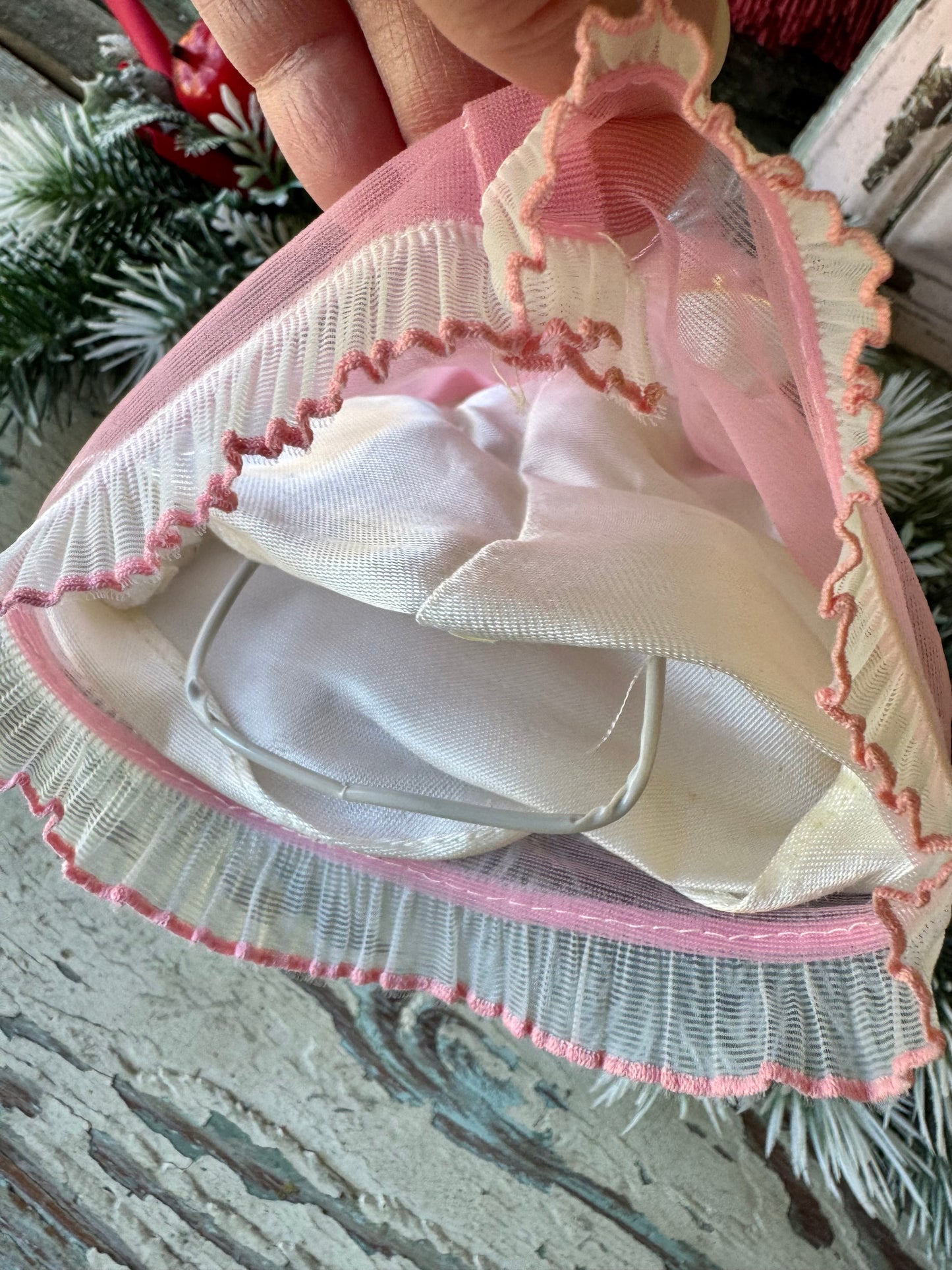 Vintage pink hair Christmas angel ornament