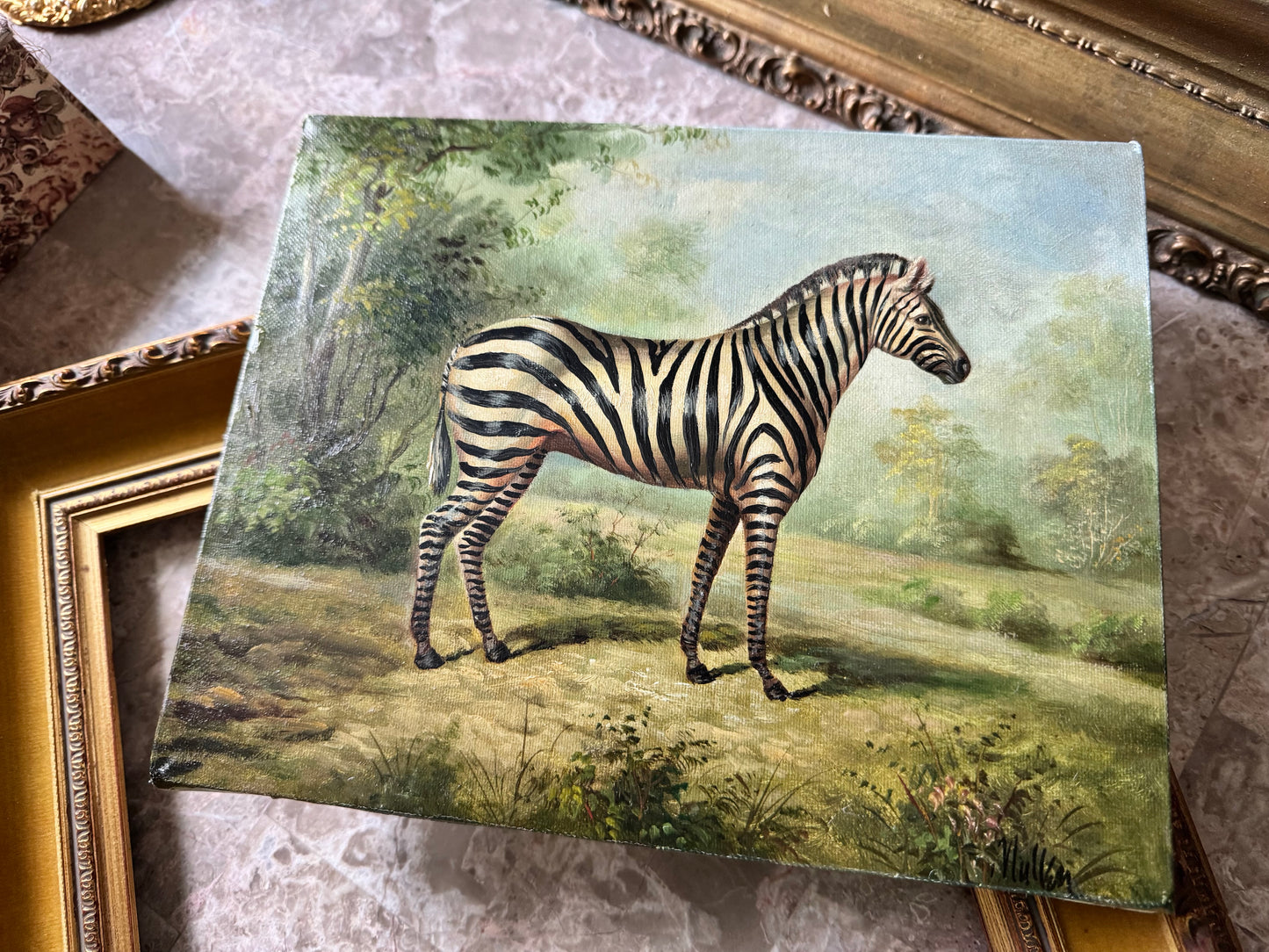 Vintage painting zebra wild animal signed framed art