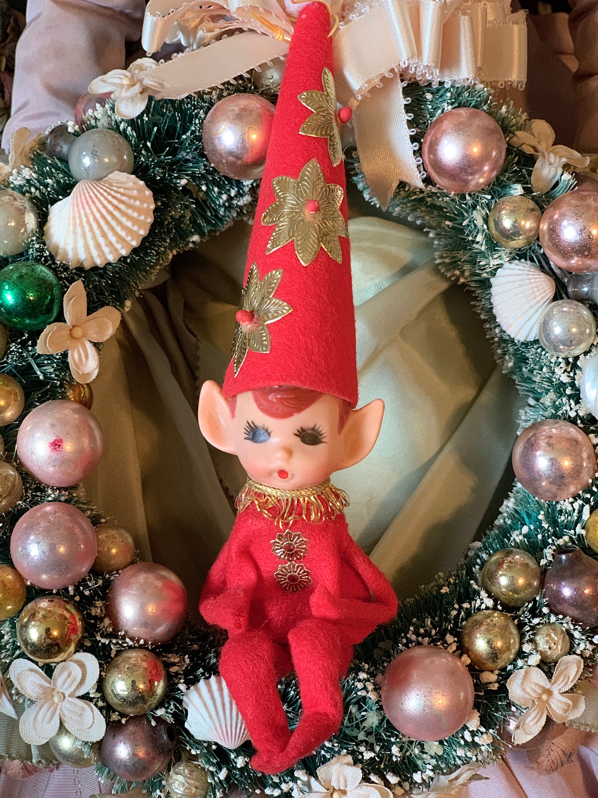 Vintage Christmas Gnomes or Elfs in a Nest of Angel Hair Japan