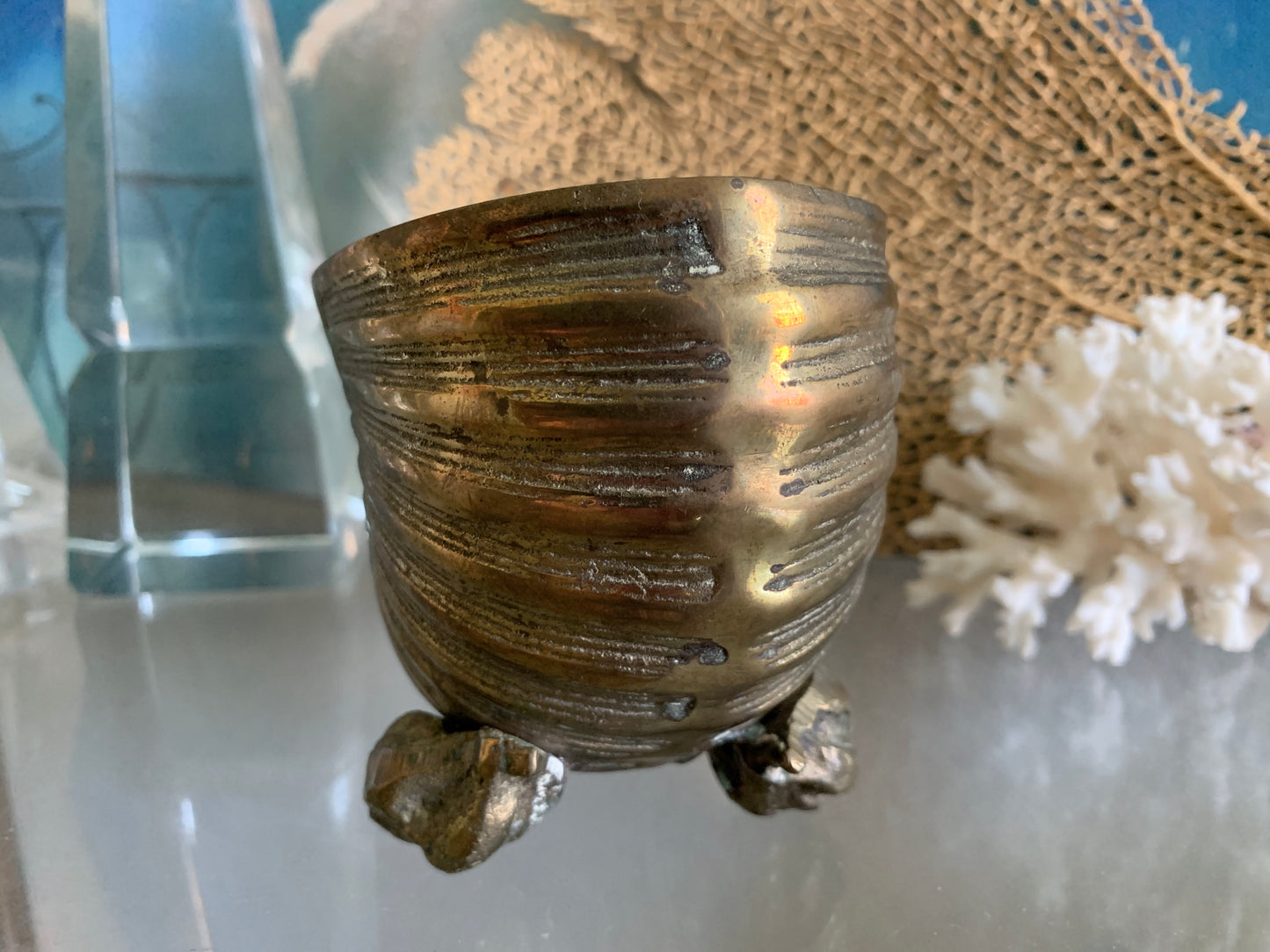 Vintage brass nautilus seashell small footed planter