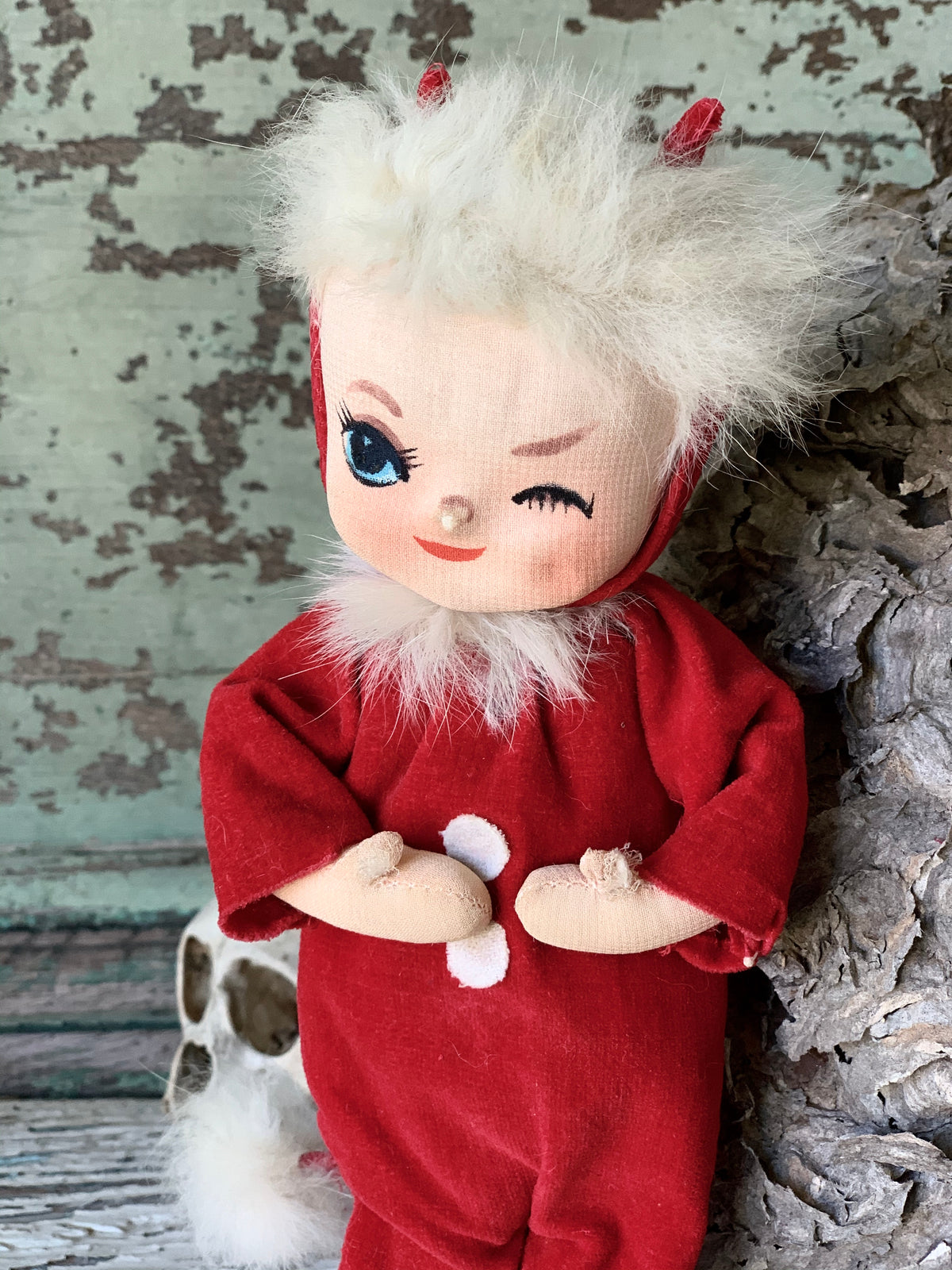 Vintage Holiday Fair winking devil stockinette pixie doll