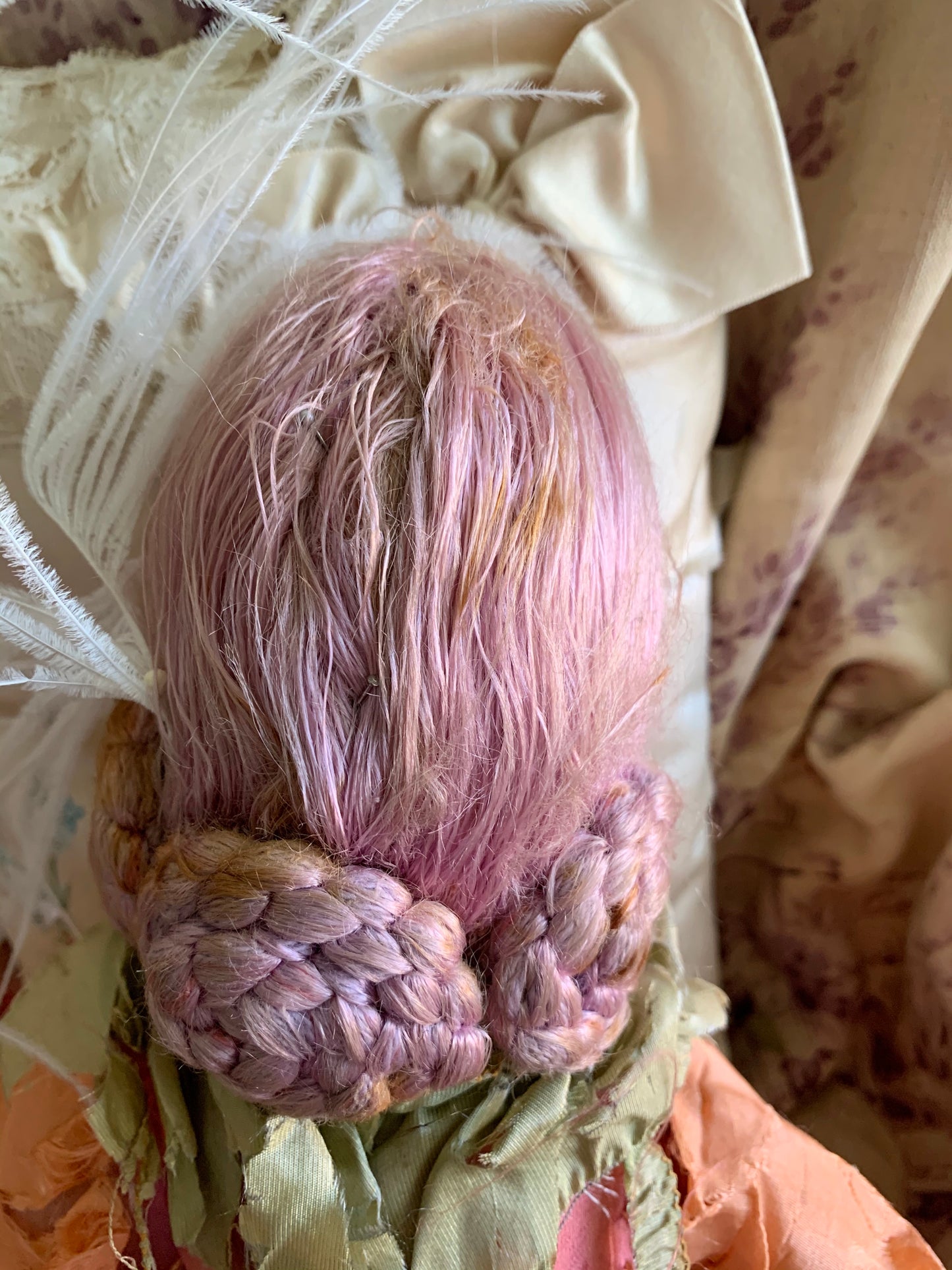 Vintage pink lavender hair flapper boudoir doll French style bed doll