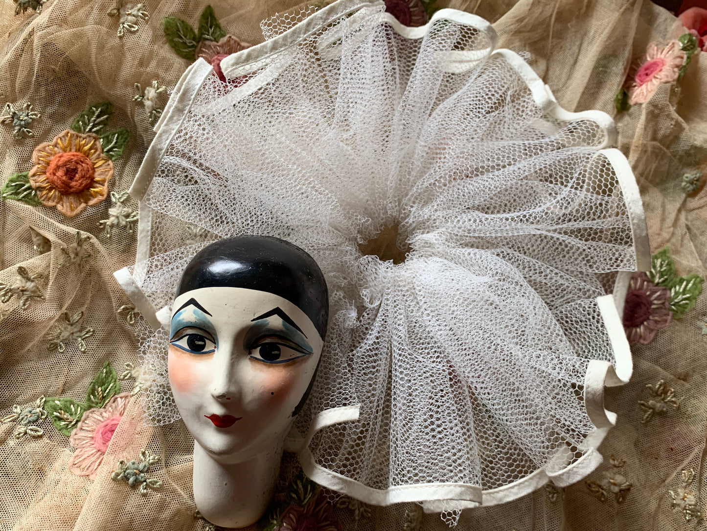 Vintage pierrot doll face tulle decoration