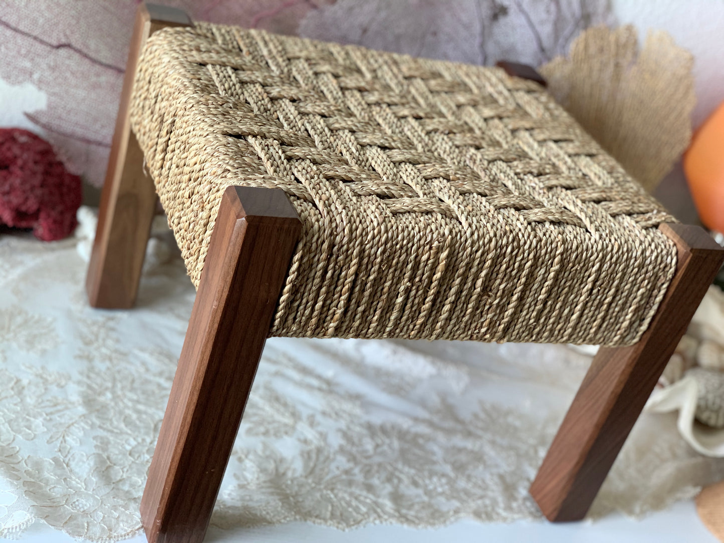 Vintage Danish modern style woven rope wooden leg stool