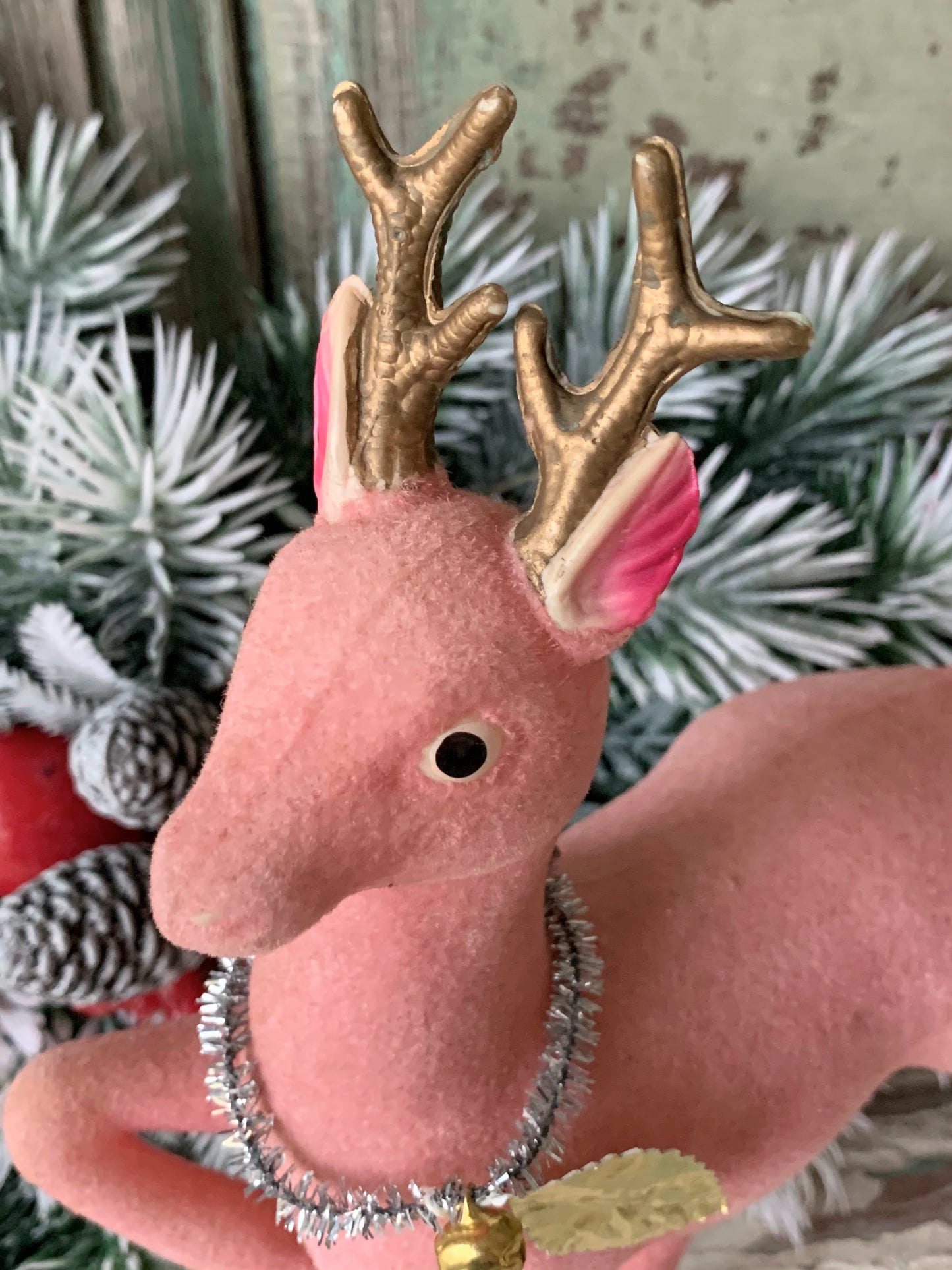 Vintage pink flocked reindeer