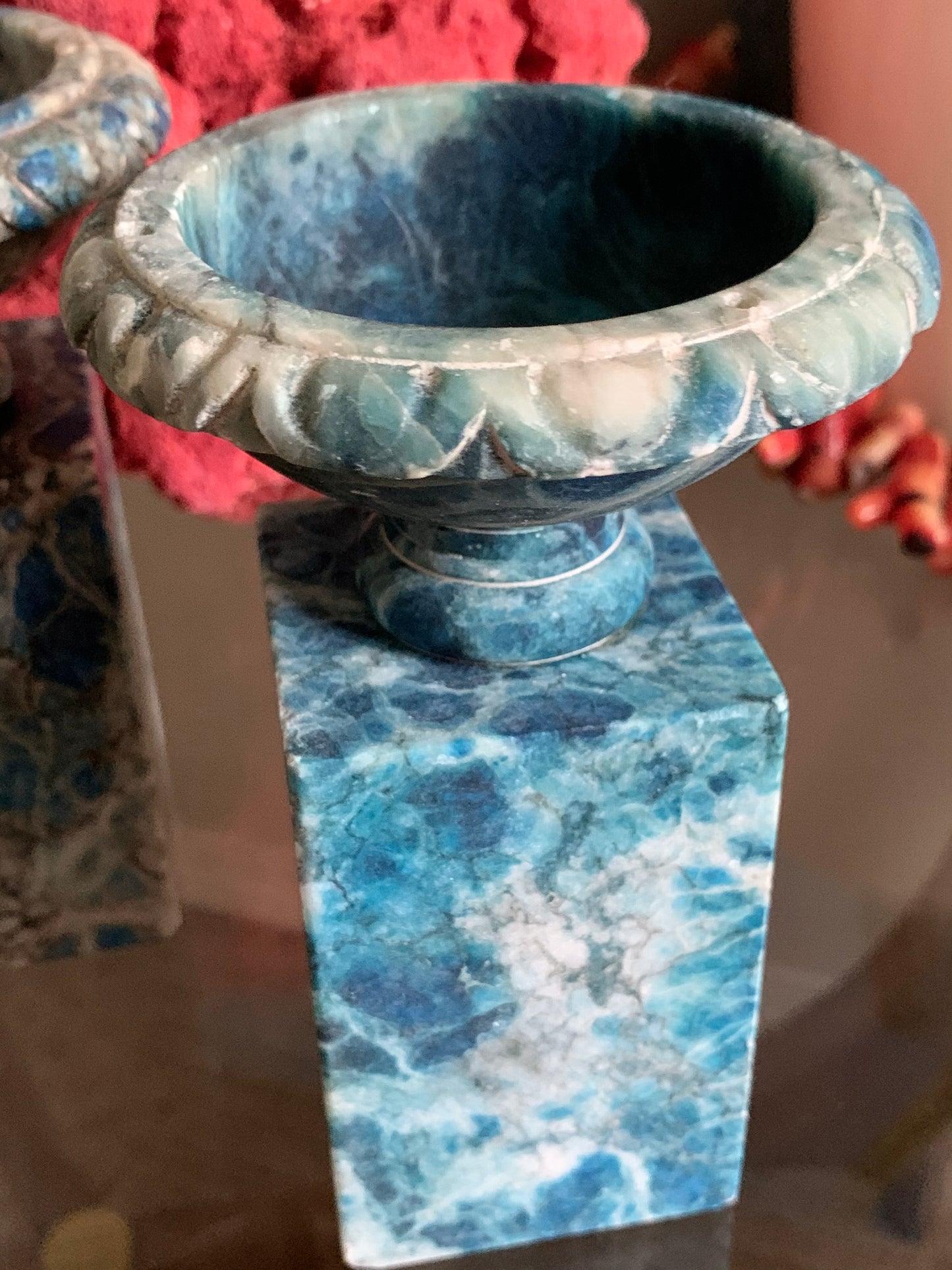 Vintage pair mini blue stone pedestal urns