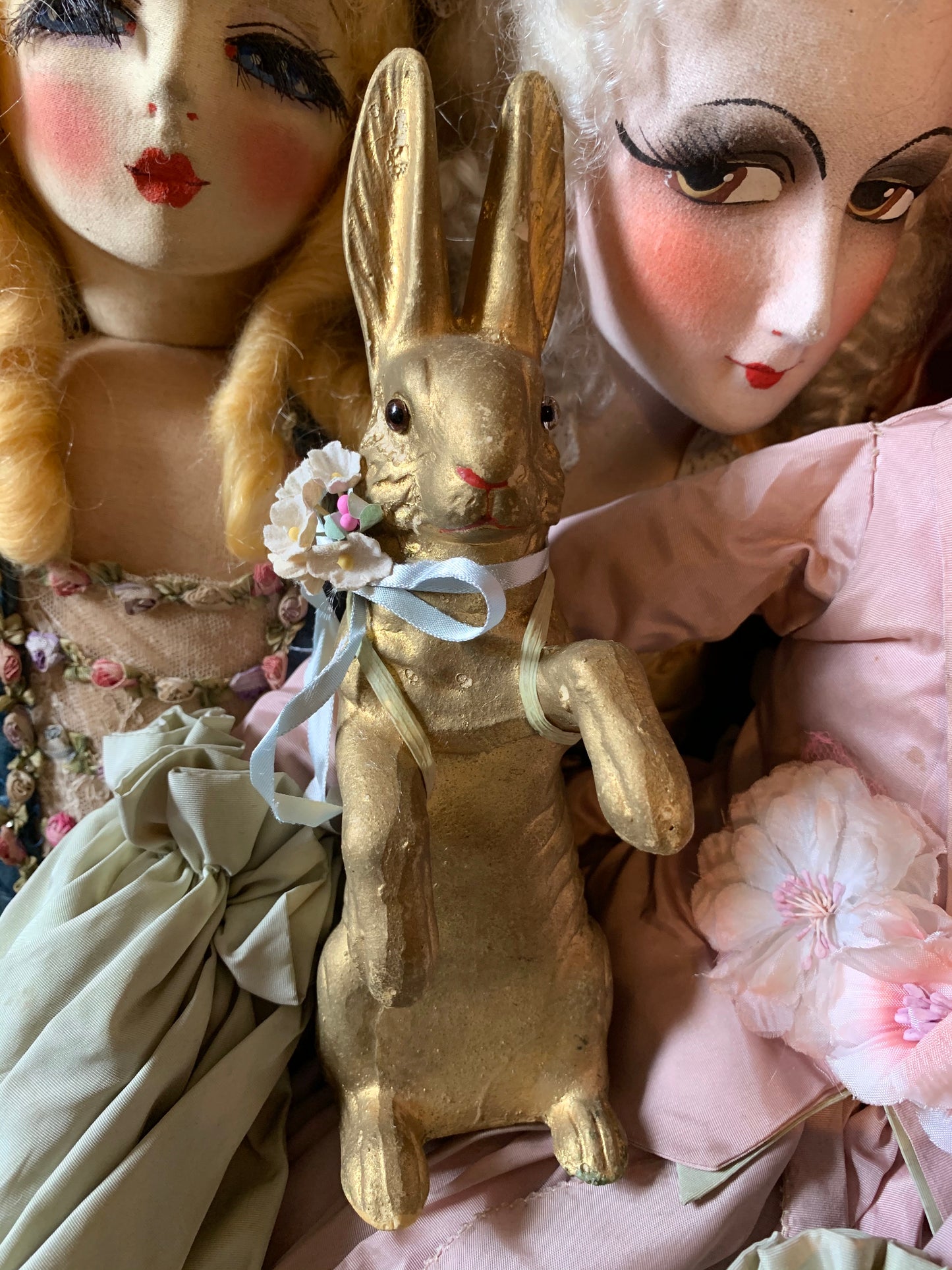 Vintage gold Easter rabbit bunny decoration with glass eyes