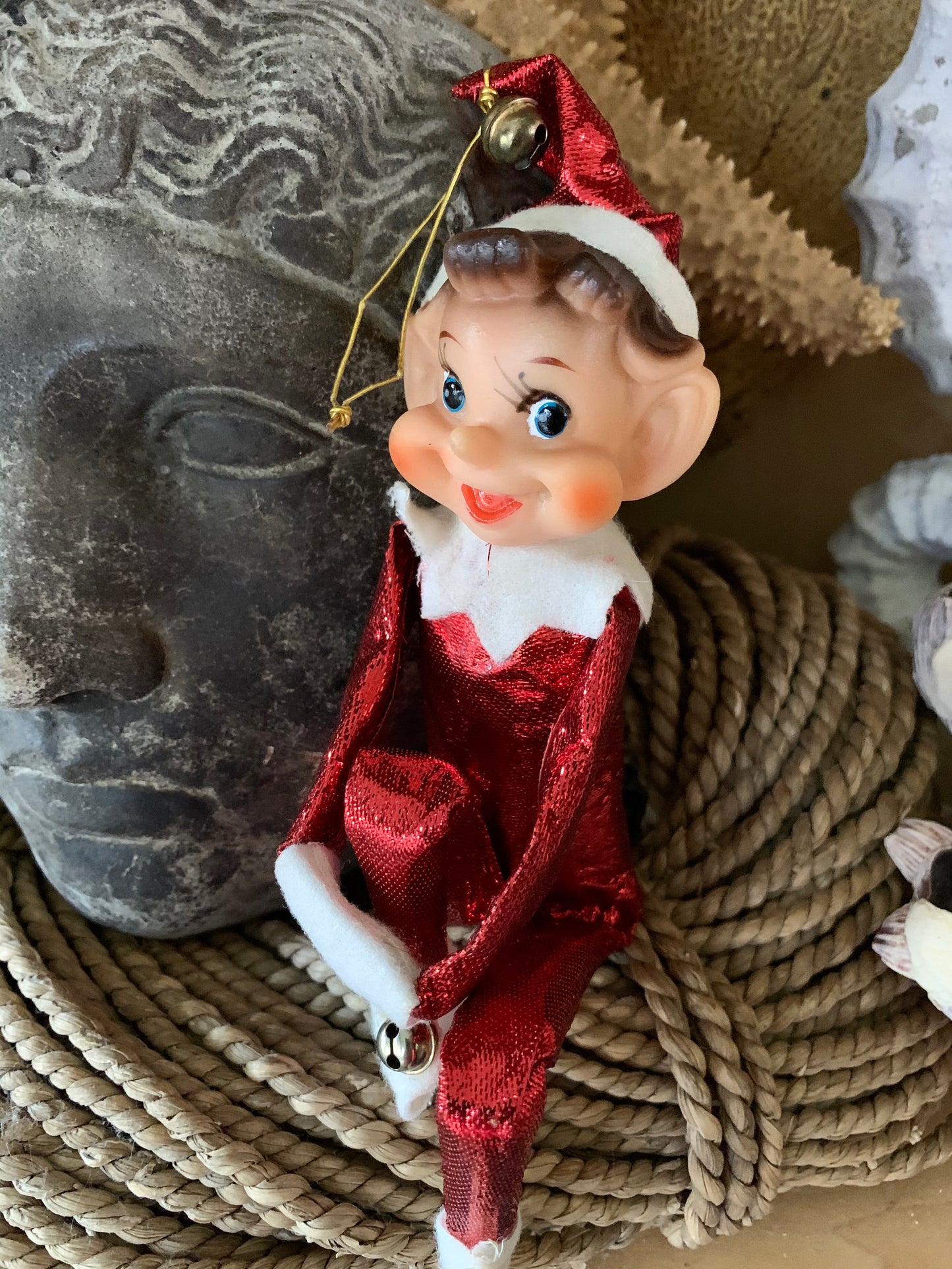 Vintage knee hugger elf sparkly red Christmas shelf sitter pixie