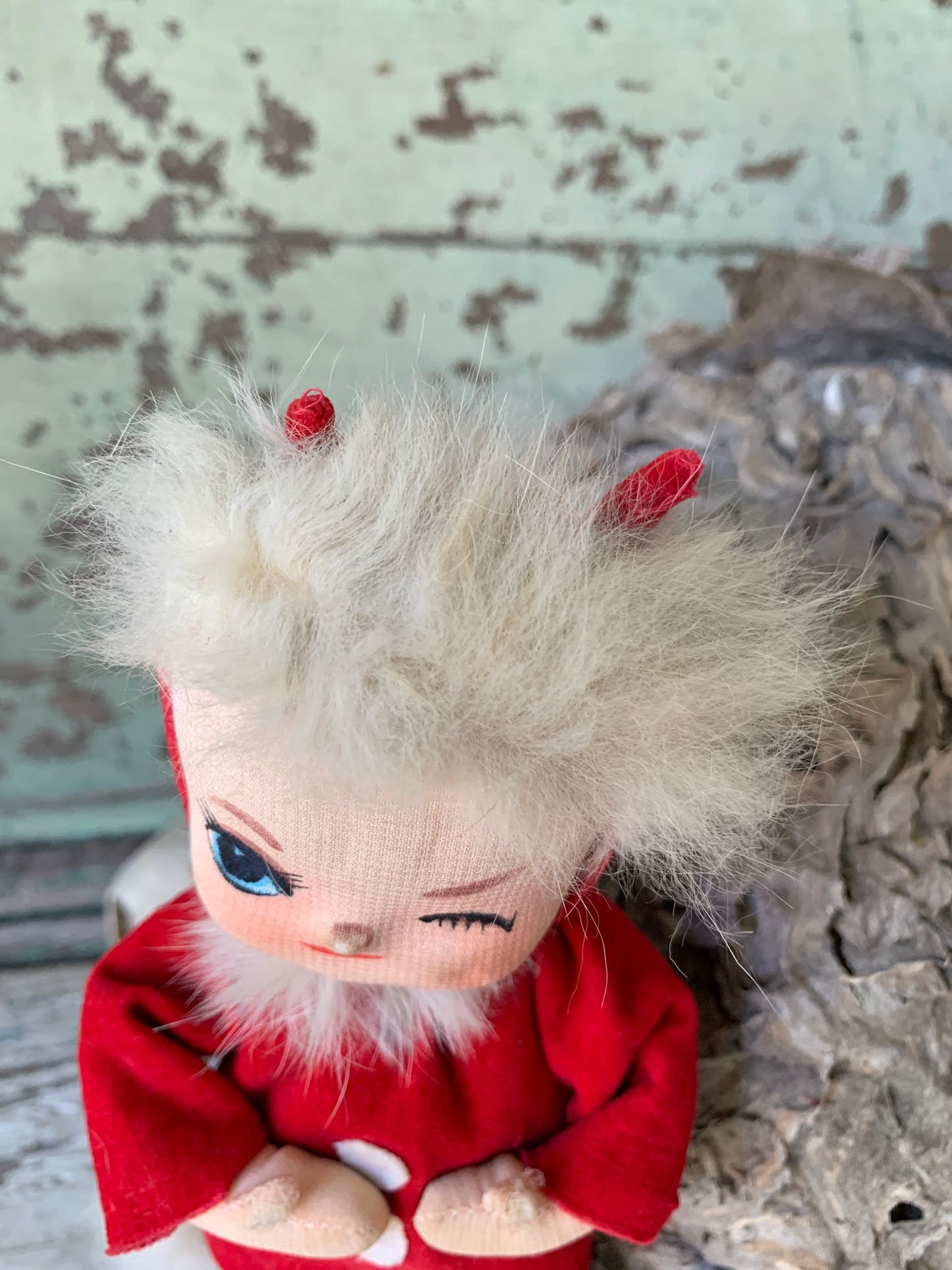 Vintage shabby Holiday Fair winking devil pixie doll