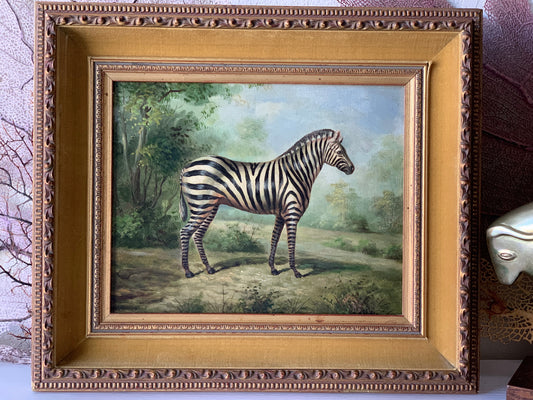 Vintage painting zebra wild animal signed framed art