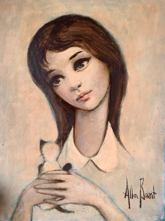 Vintage original Allen Brent painting big eye girl with kitten