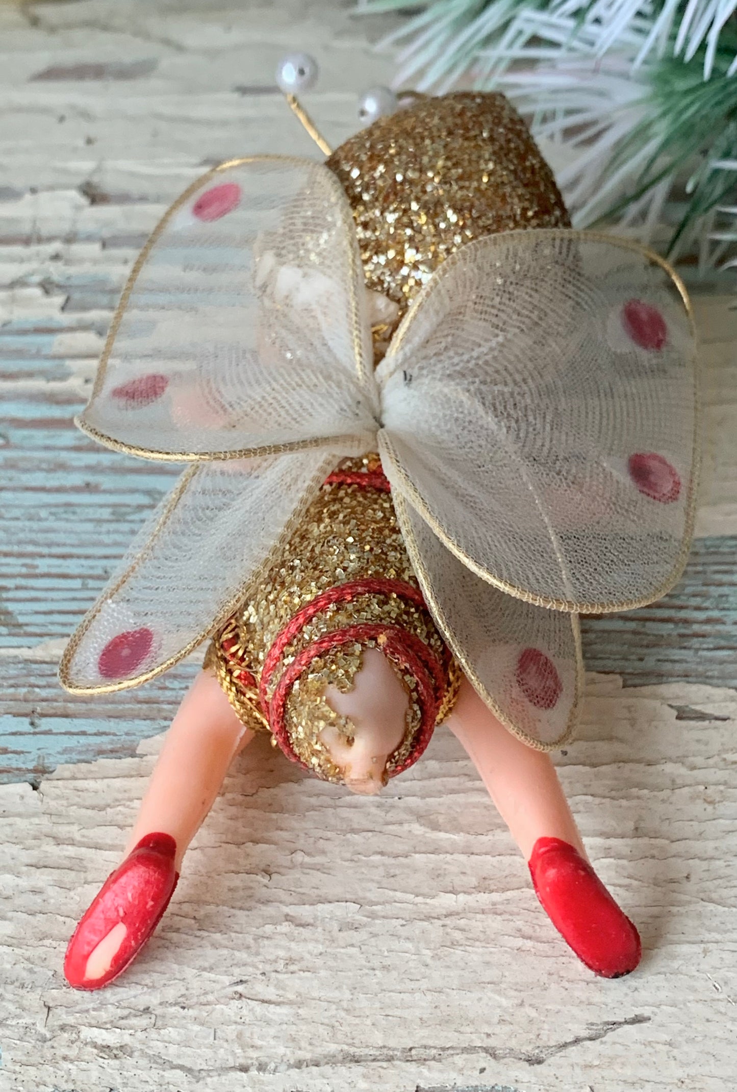 Vintage anthropomorphic pixie wasp ornament