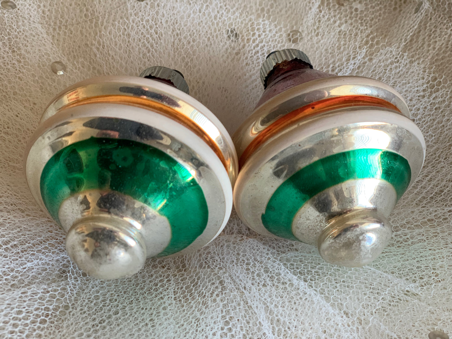 Vintage pair Shiny Brite ufo ornaments