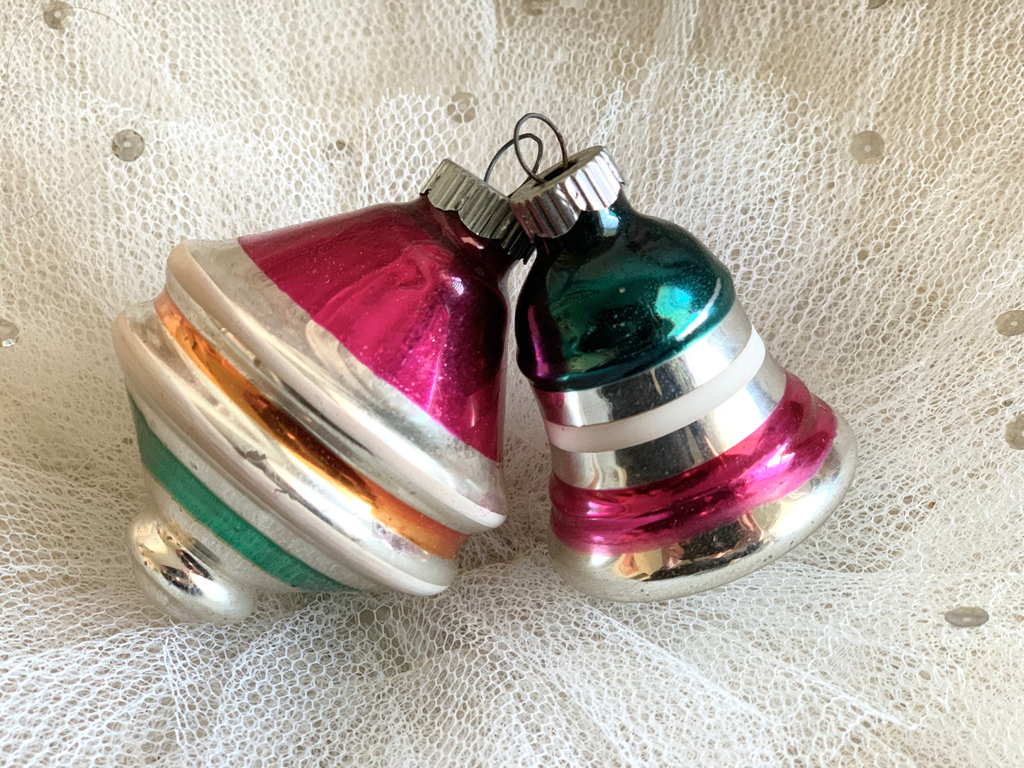 Vintage pair Shiny Brite ufo and bell ornaments