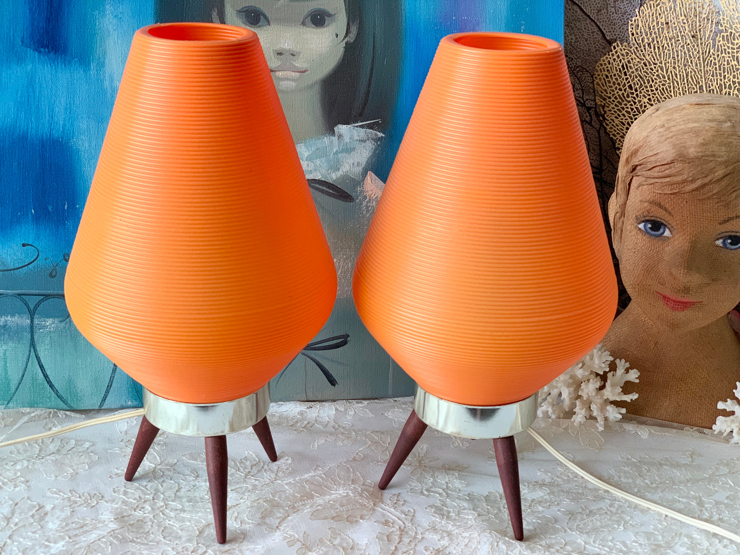 Vintage pair orange beehive lamps mid century lights