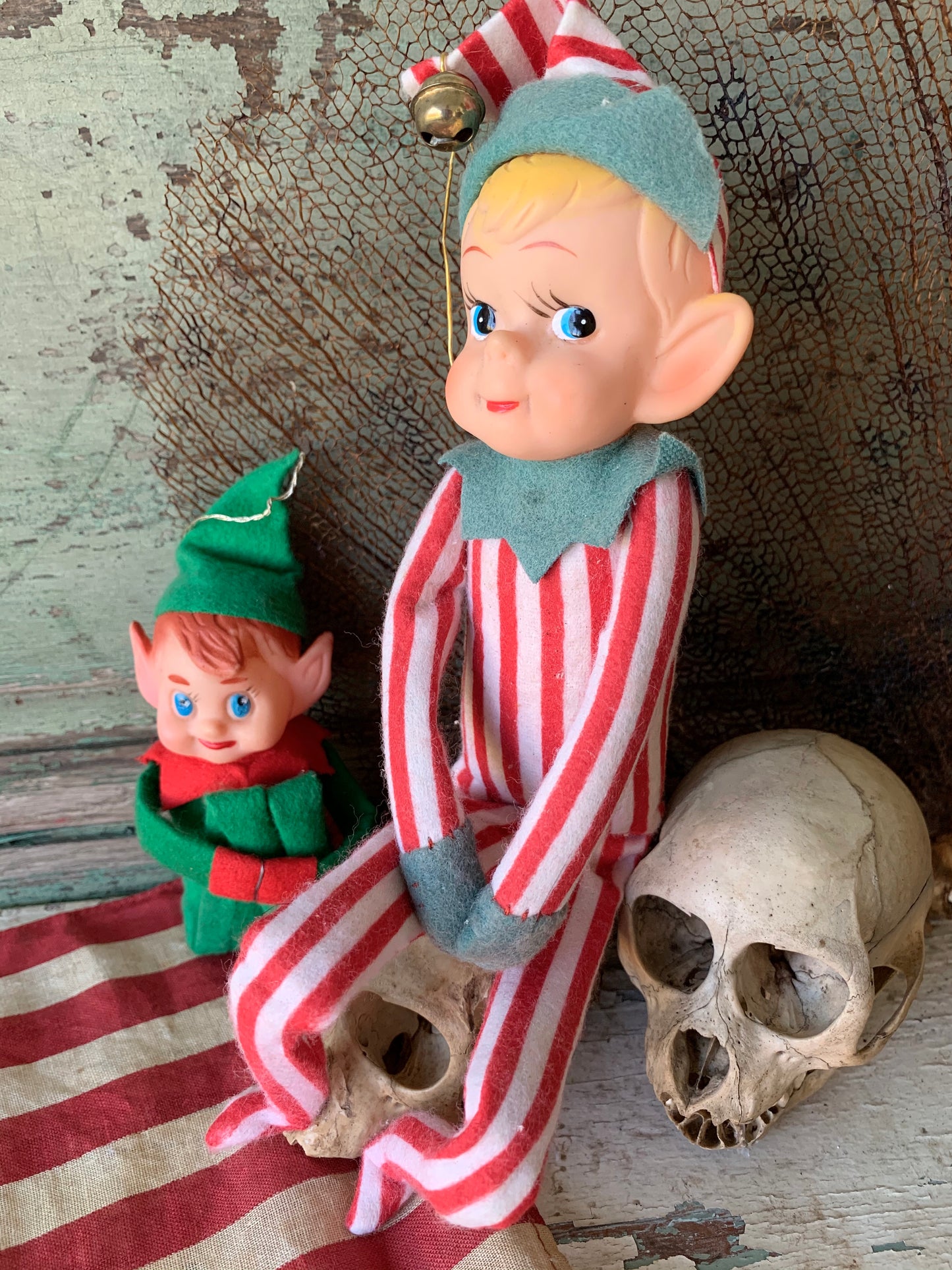 Vintage knee hugger elf red striped Christmas shelf sitter pixie