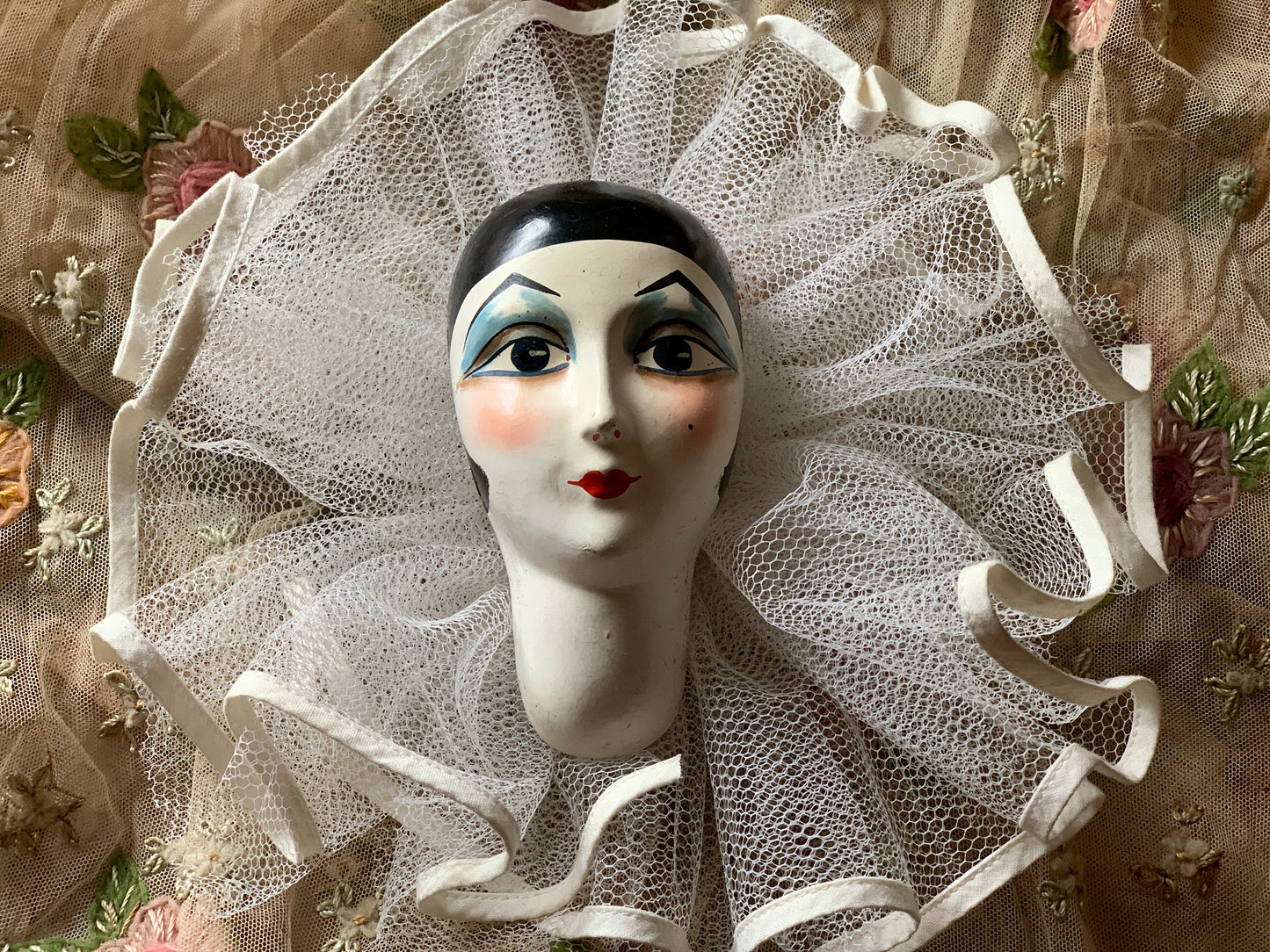 Vintage pierrot doll face tulle decoration