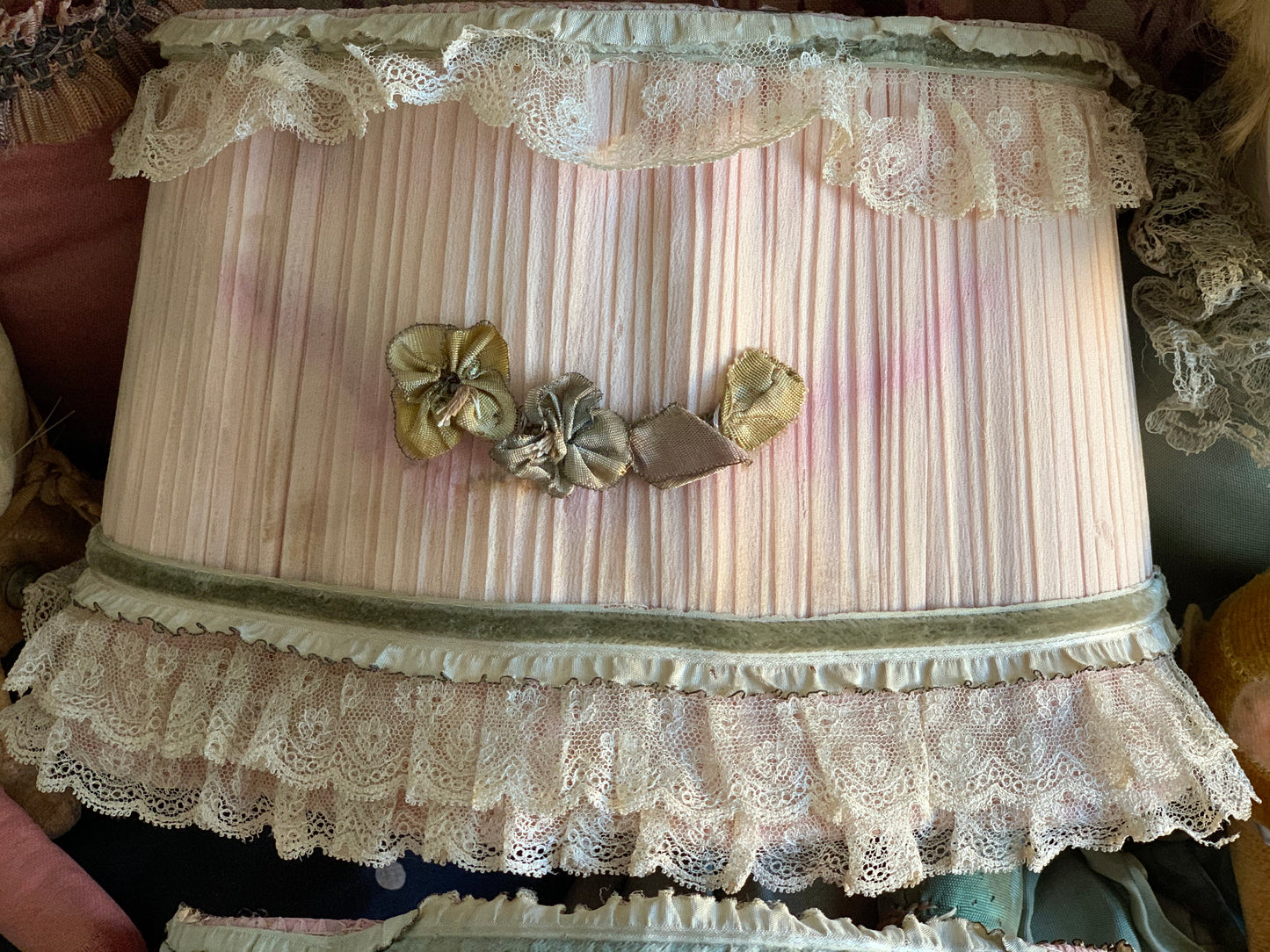 Antique pair shabby pink lampshades