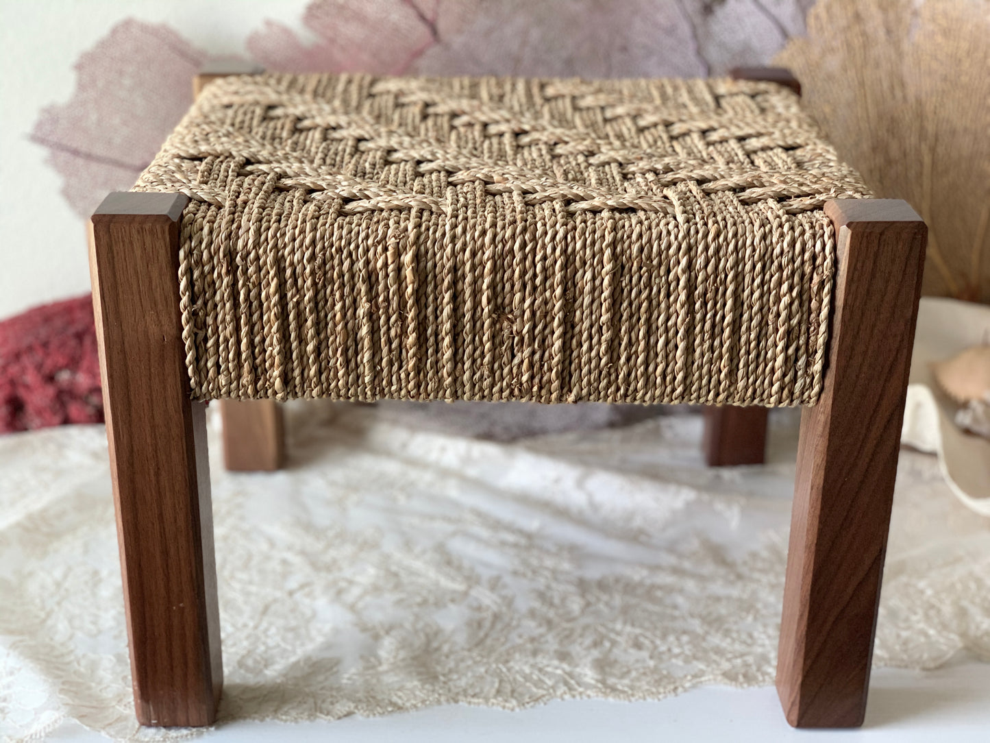 Vintage Danish modern style woven rope wooden leg stool