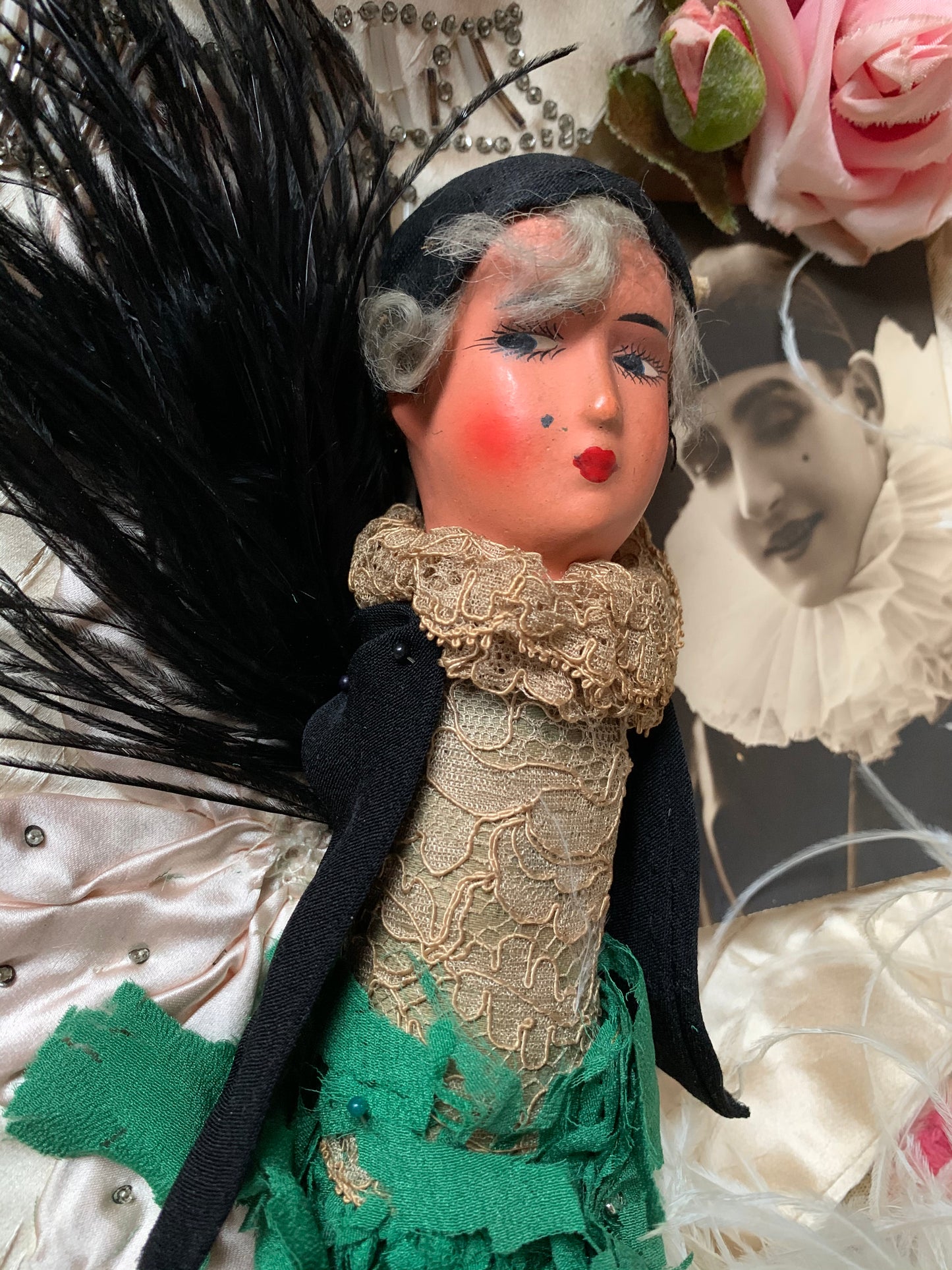 Vintage small shabby pierrot doll