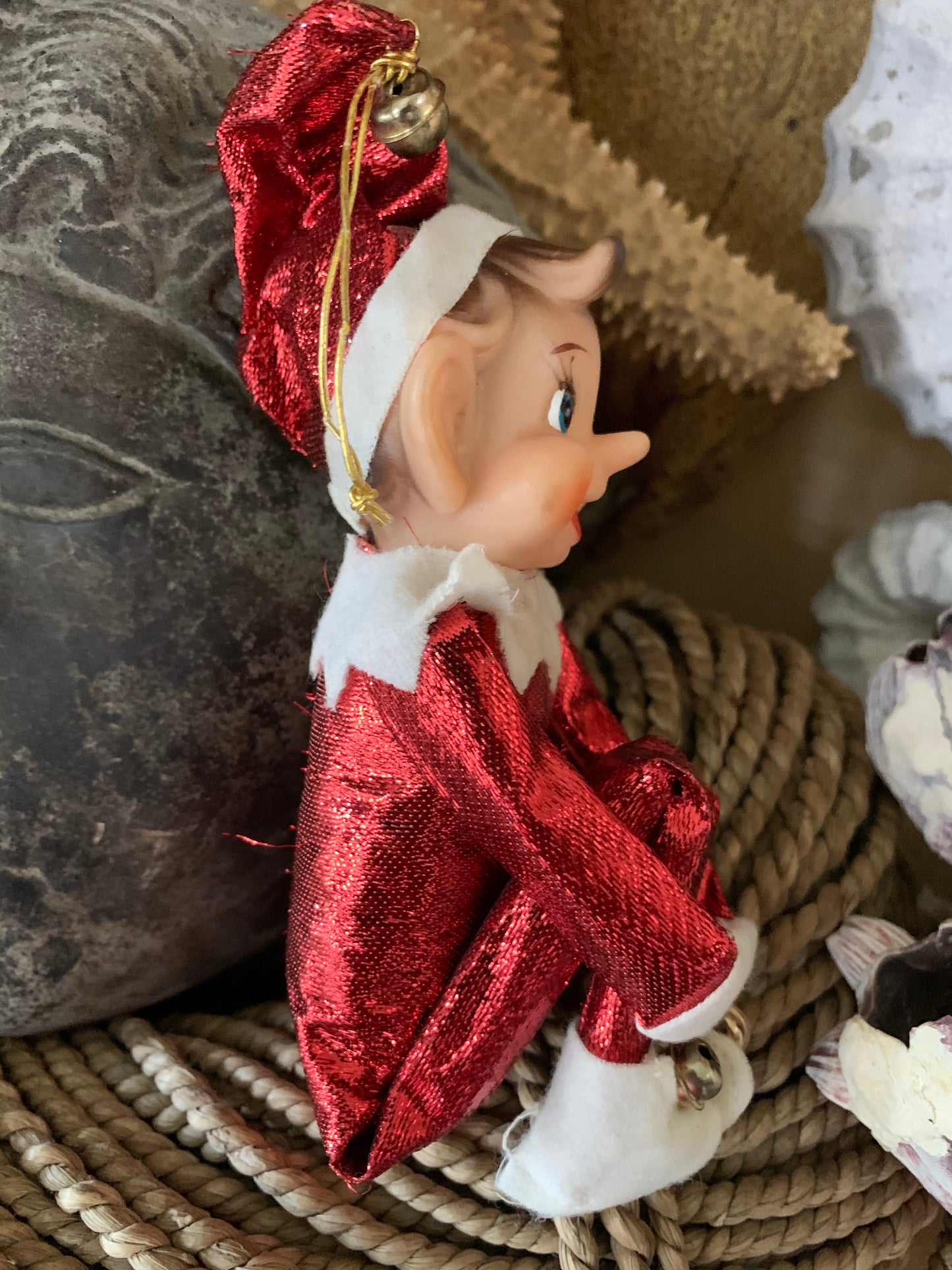 Vintage knee hugger elf sparkly red Christmas shelf sitter pixie