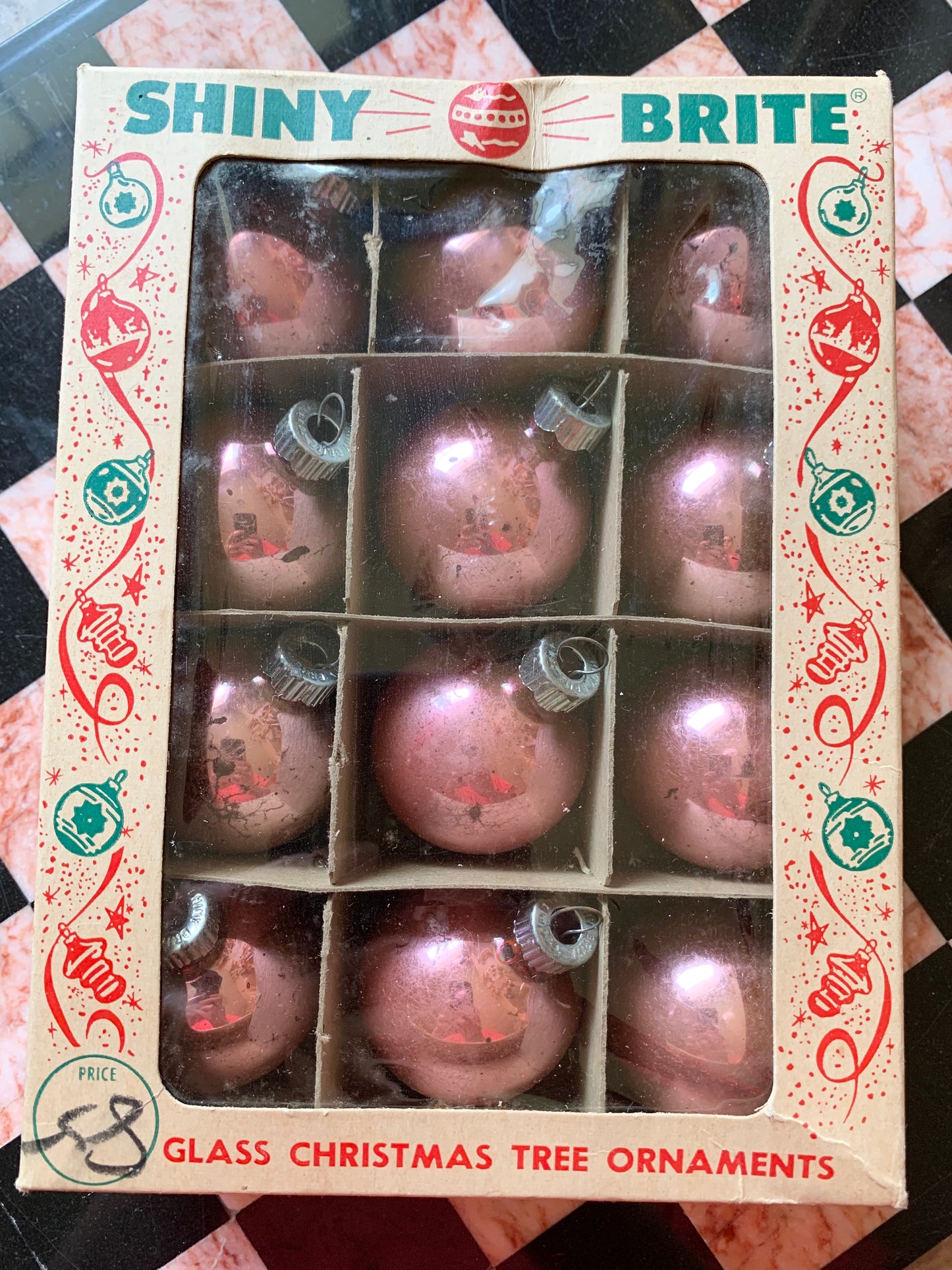 Vintage Shiny Brite pink box retro glass ball ornaments