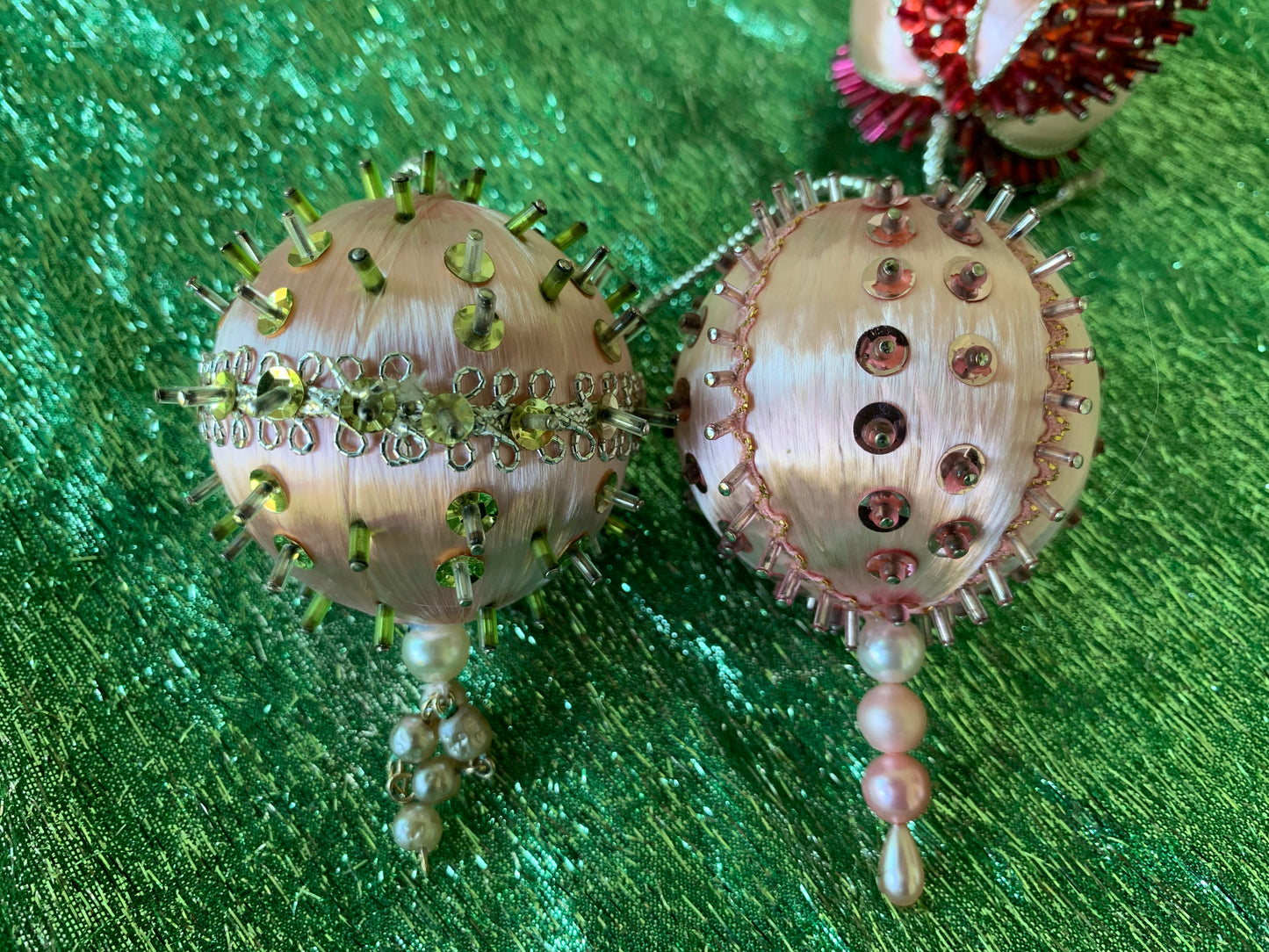 Vintage set pink beaded handmade Christmas ornaments