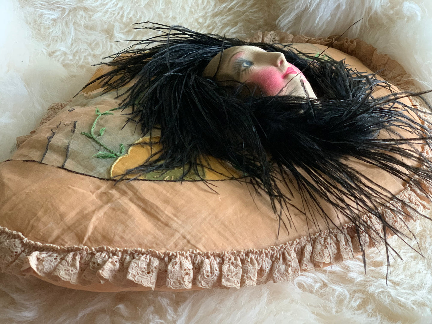 Assembled shabby vintage doll face pillow