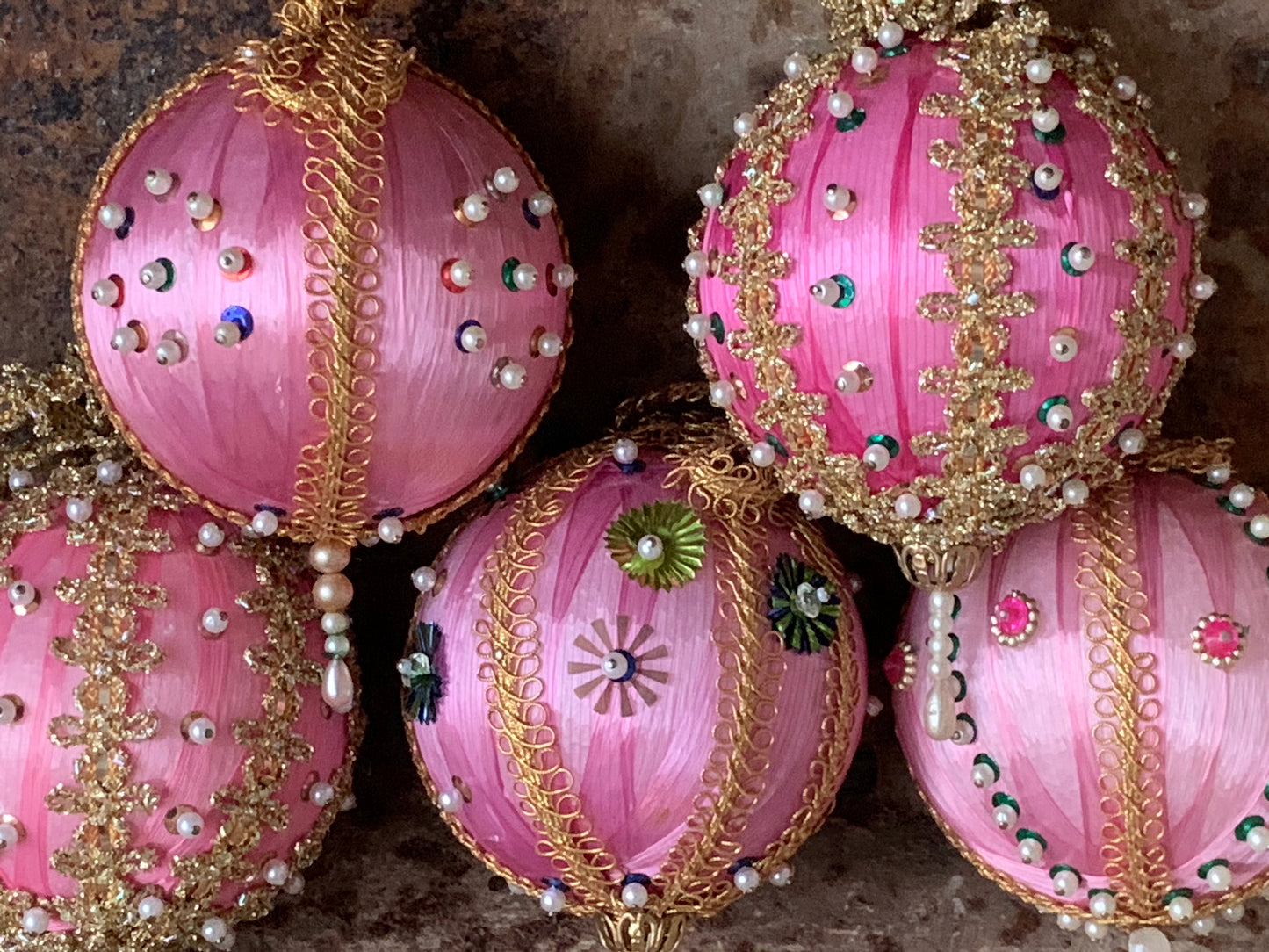 Vintage pink beaded Christmas ornaments