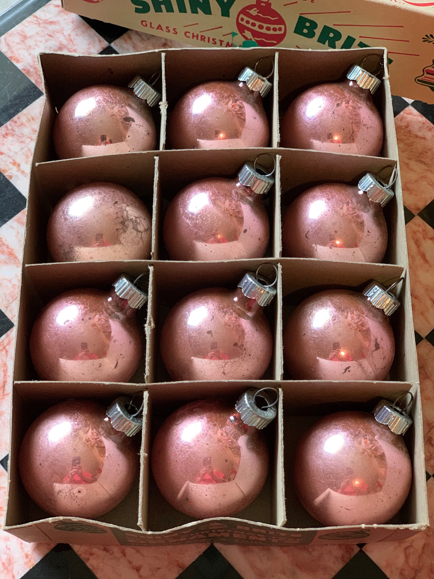 Vintage Shiny Brite pink box retro glass ball ornaments