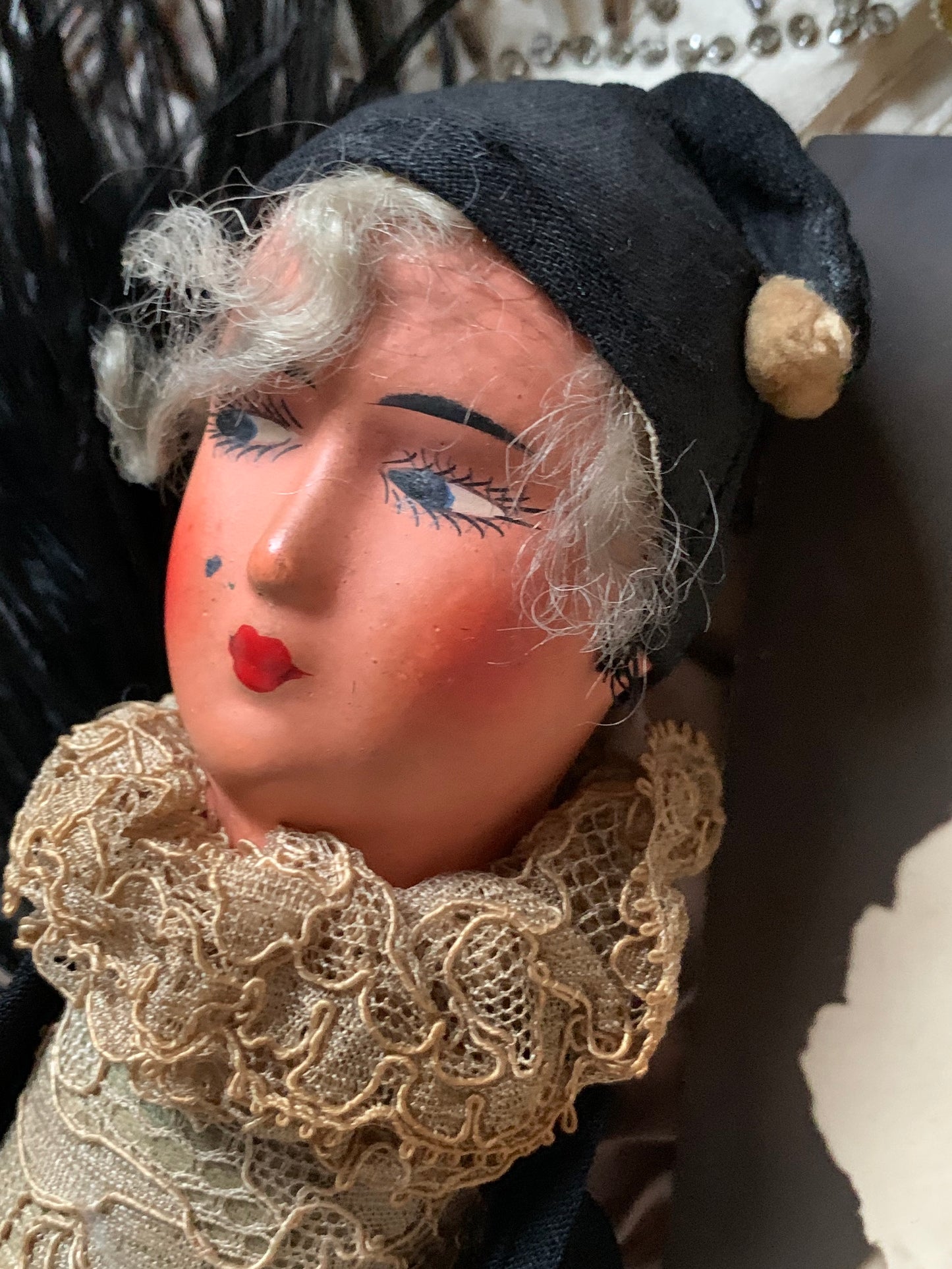 Vintage small shabby pierrot doll